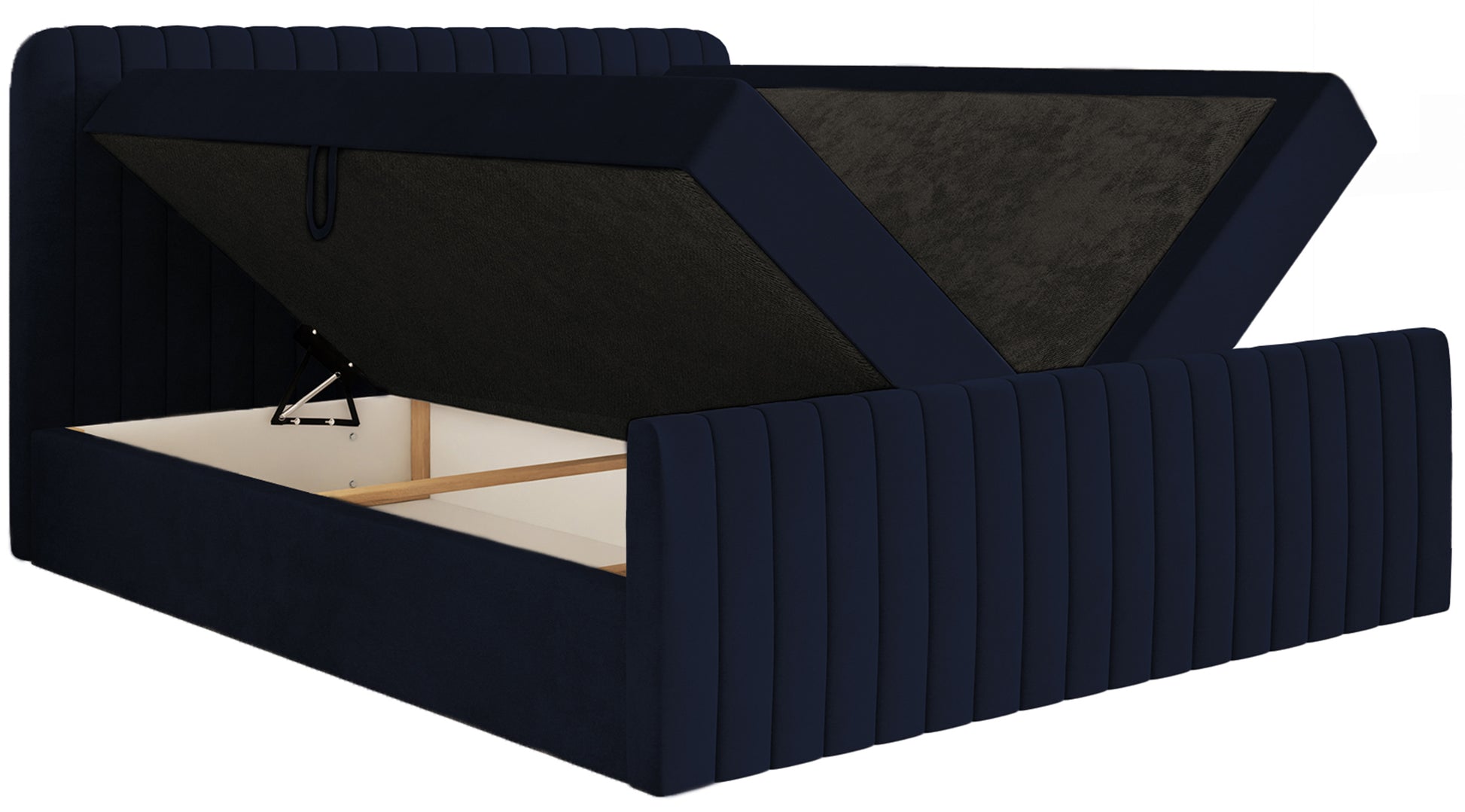 Łóżko kontynentalne 180x200 cm Saliano z pojemnikami i topperem granatowe welur - materiał pianka meblowa