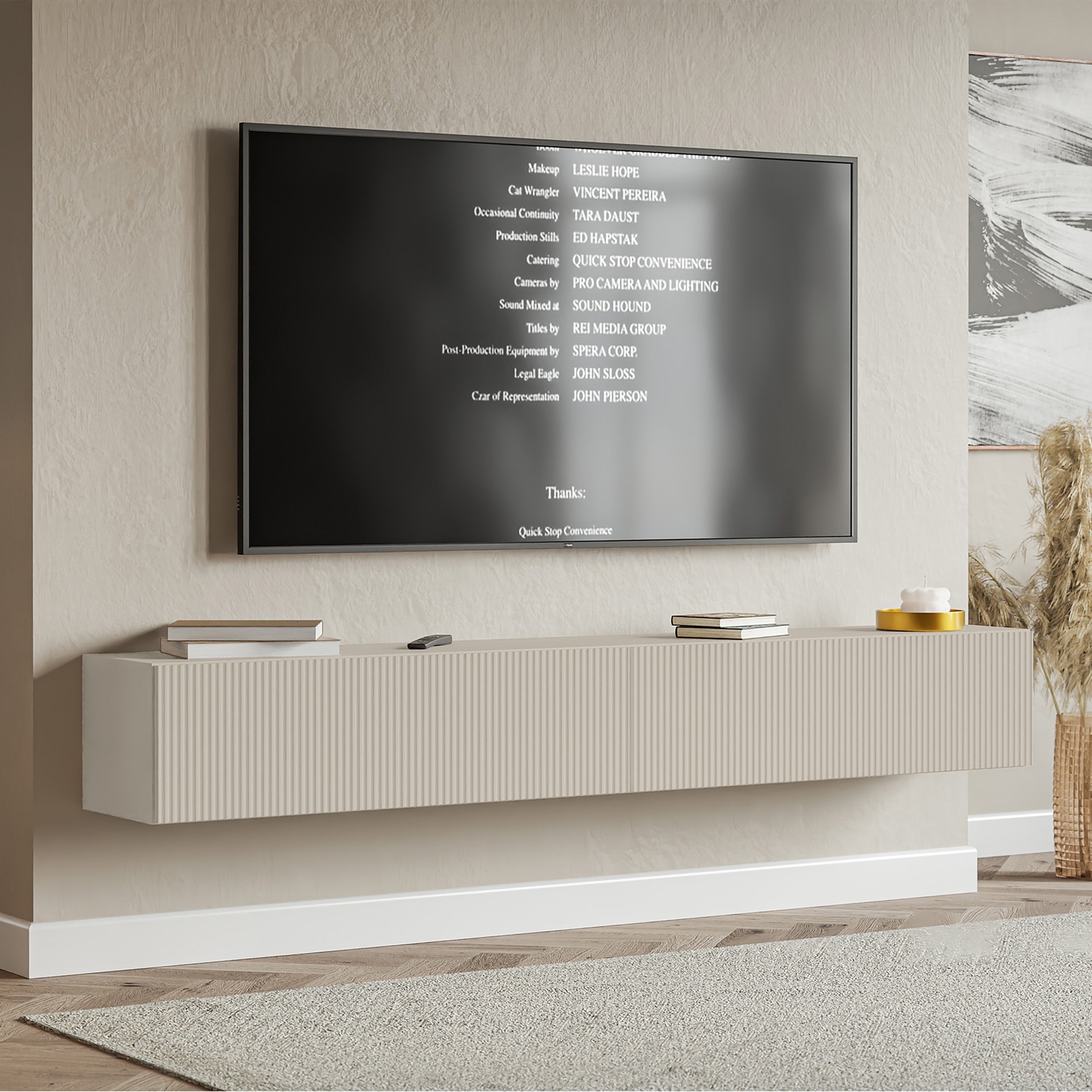 Szafka RTV dwudrzwiowa Veldio wisząca z ryflowanym frontem 200 cm szary beż