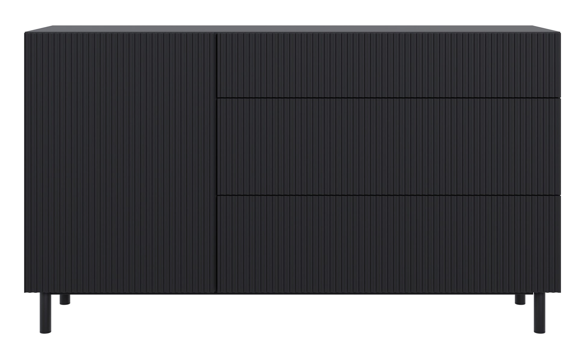Komoda jednodrzwiowa Veldio New z frezowanym frontem i trzema szufladami 140 cm czarna - kolor czarny