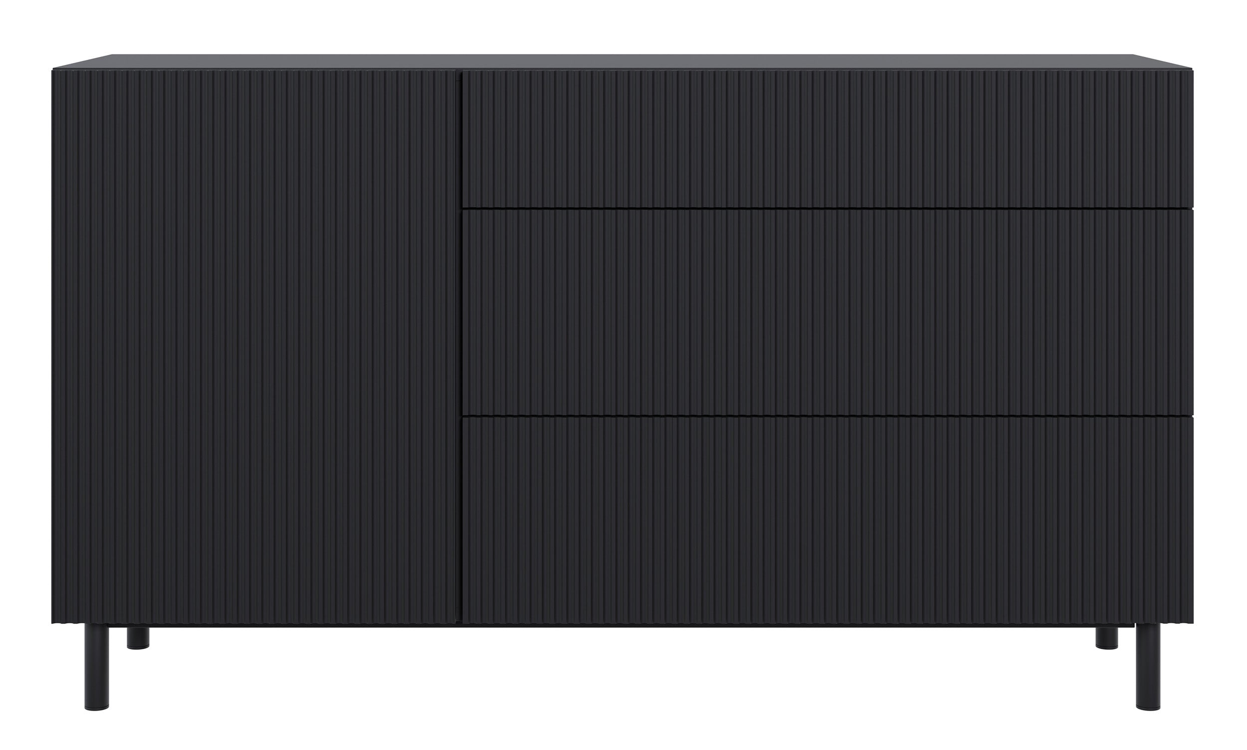Komoda jednodrzwiowa Veldio New z frezowanym frontem i trzema szufladami 140 cm czarna - kolor czarny