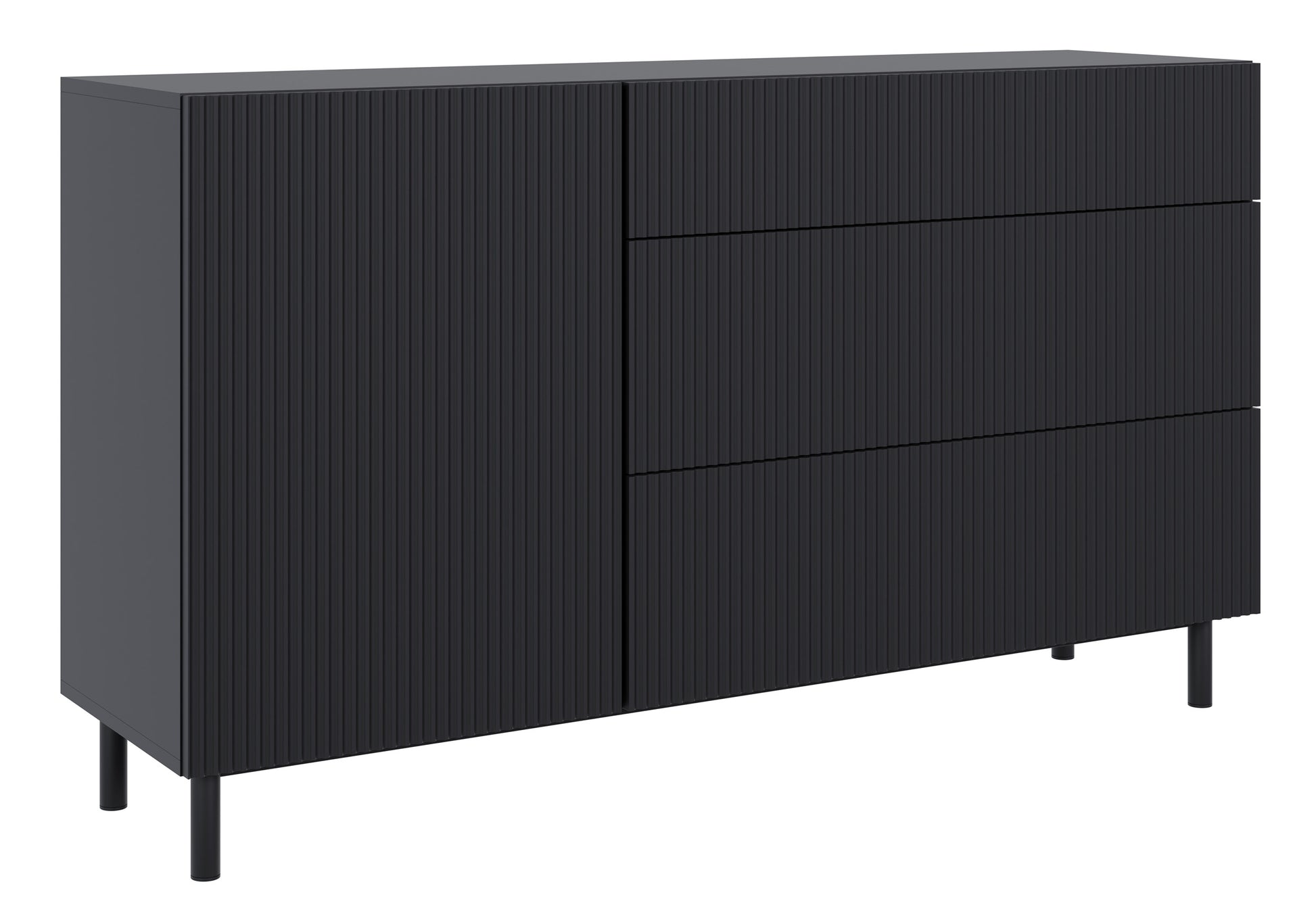 Komoda jednodrzwiowa Veldio New z frezowanym frontem i trzema szufladami 140 cm czarna