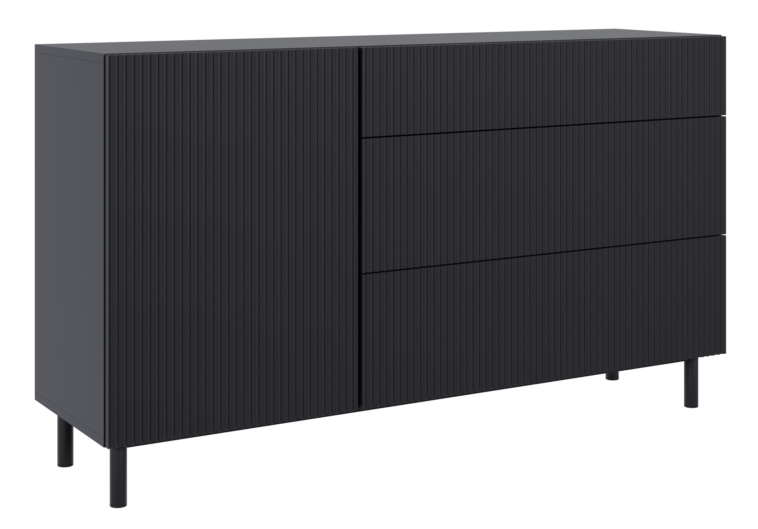 Komoda jednodrzwiowa Veldio New z frezowanym frontem i trzema szufladami 140 cm czarna