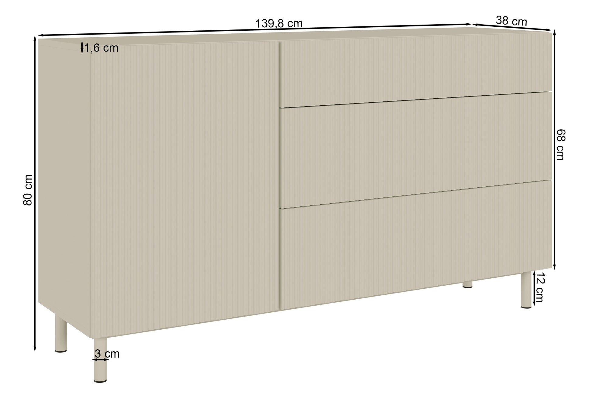 Rysunek wymiarowy - Komoda jednodrzwiowa Veldio New z frezowanym frontem i trzema szufladami 140 cm czarna: szerokość 139,8 cm, głębokość 38 cm, wysokość 80 cm