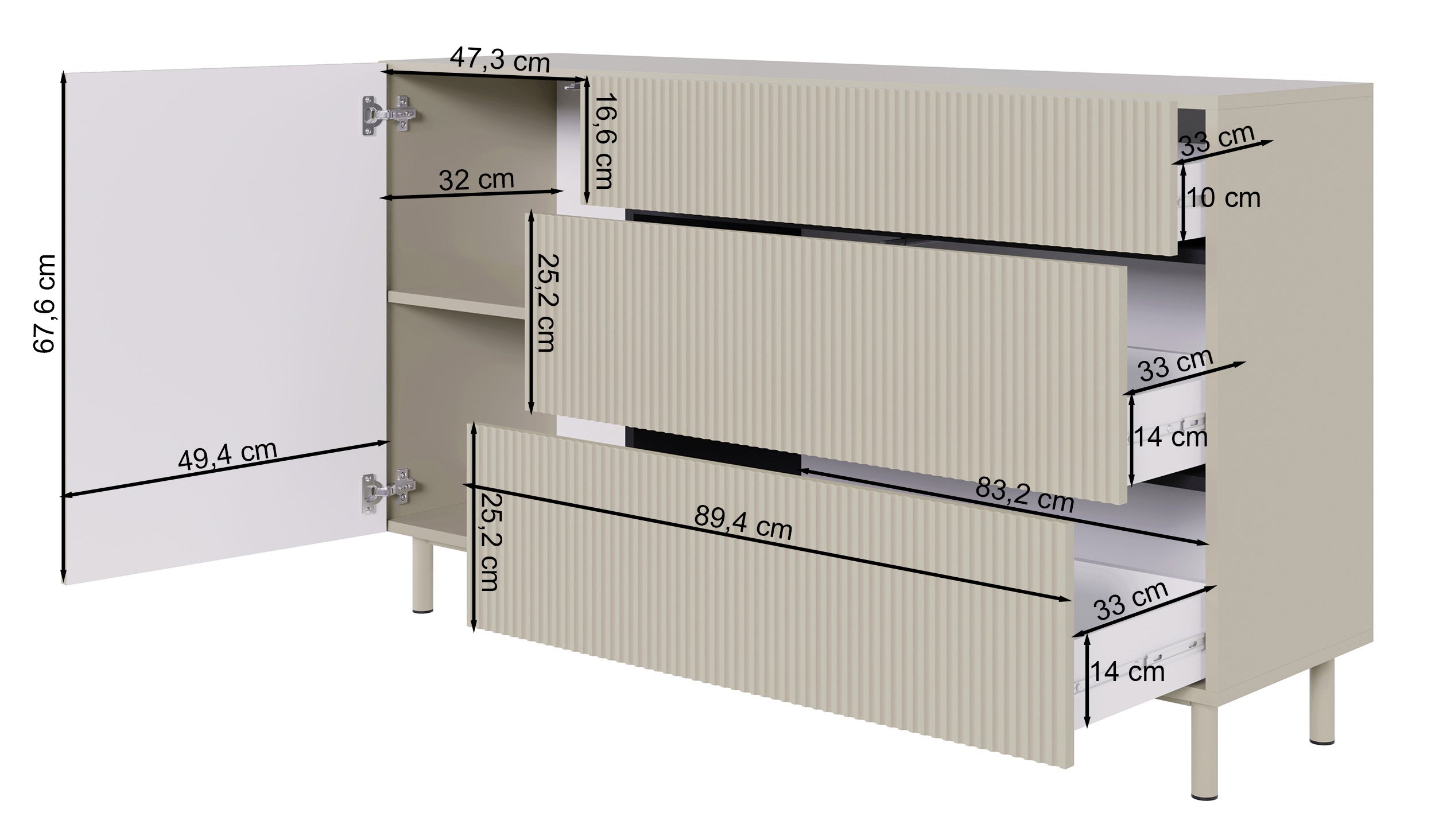 Rysunek wymiarowy 2 - Komoda jednodrzwiowa Veldio New z frezowanym frontem i trzema szufladami 140 cm czarna: szerokość 139,8 cm, głębokość 38 cm, wysokość 80 cm