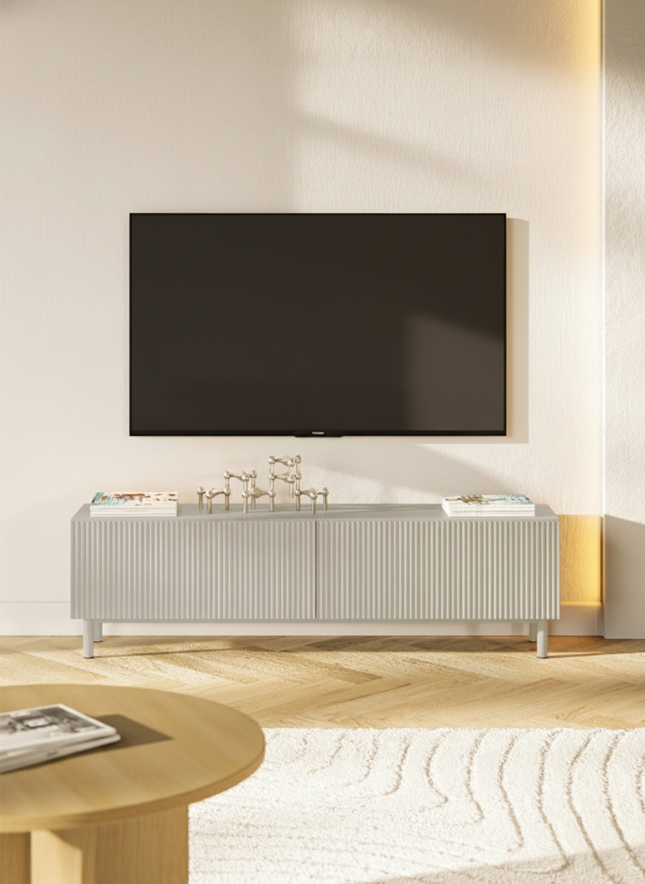 Szafka RTV Veldio New z frezowanym frontem 140 cm szary beż