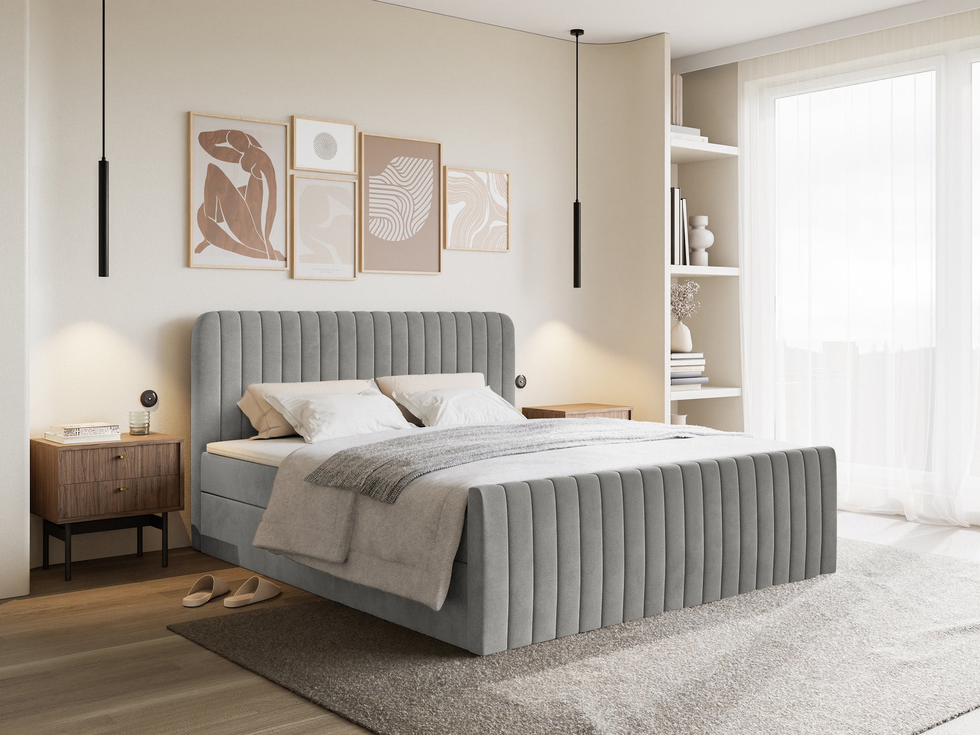 Łóżko kontynentalne 180x200 cm Saliano z pojemnikami i topperem szare welur - z materacem