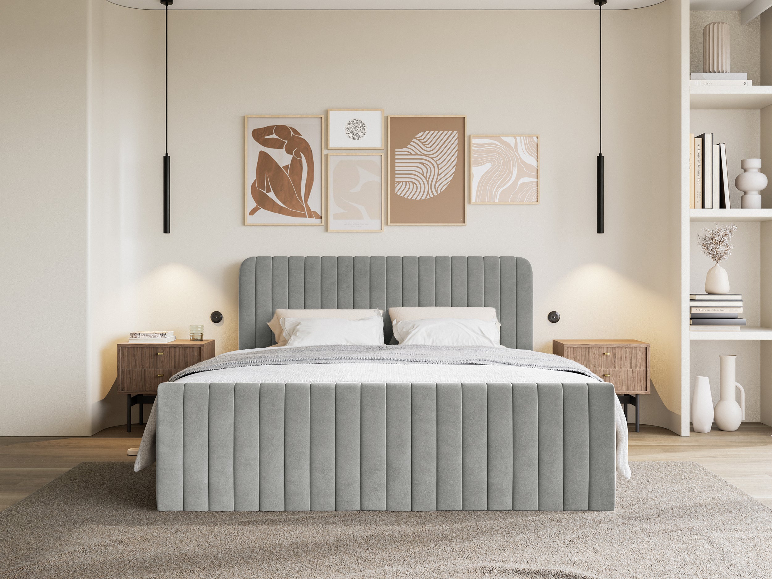 Łóżko kontynentalne 180x200 cm Saliano z pojemnikami i topperem szare welur - rodzaj materac bonellowy