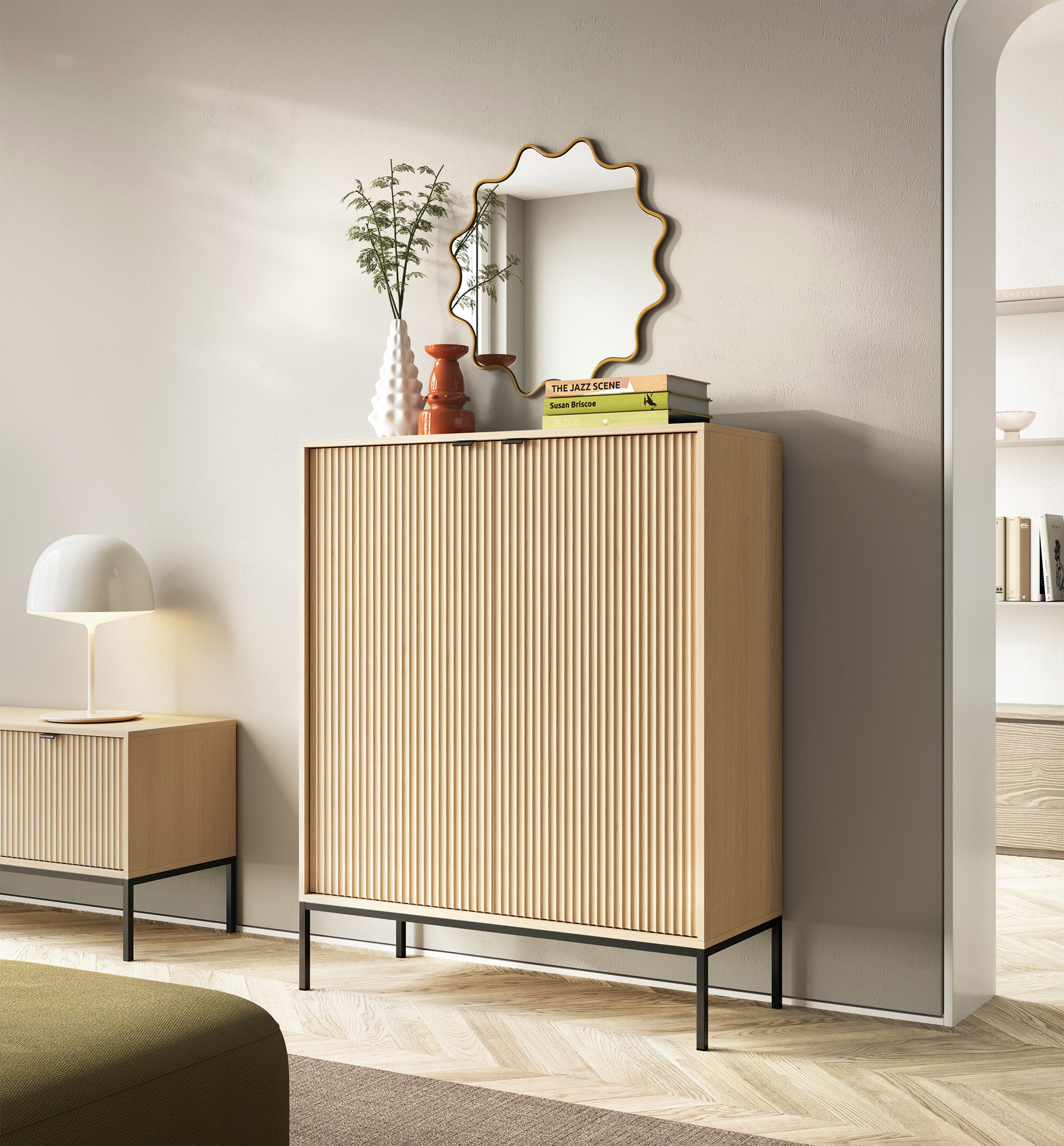Komoda dwudrzwiowa Vellore z ryflowanym frontem 104 cm dąb vicenza na czarnych nóżkach