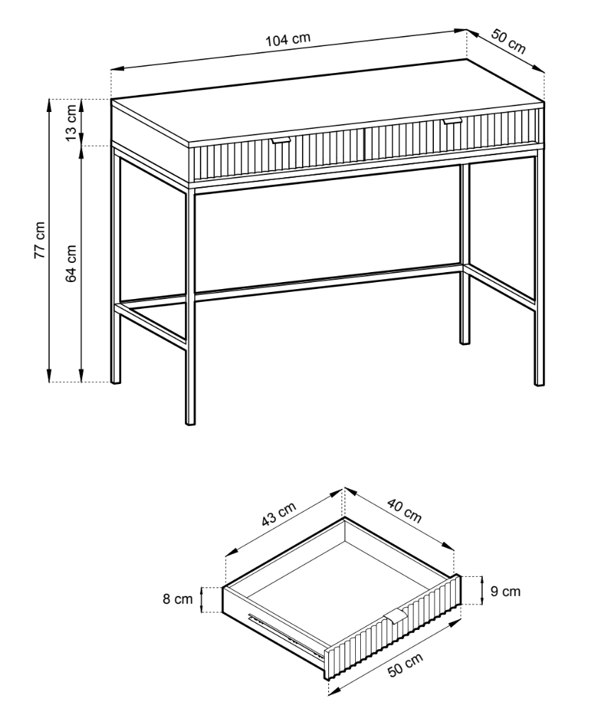 Rysunek wymiarowy - Toaletka biurko Vellore z ryflowanymi frontami, złotymi uchwytami: szerokość 104 cm, głębokość 50 cm, wysokość 77 cm