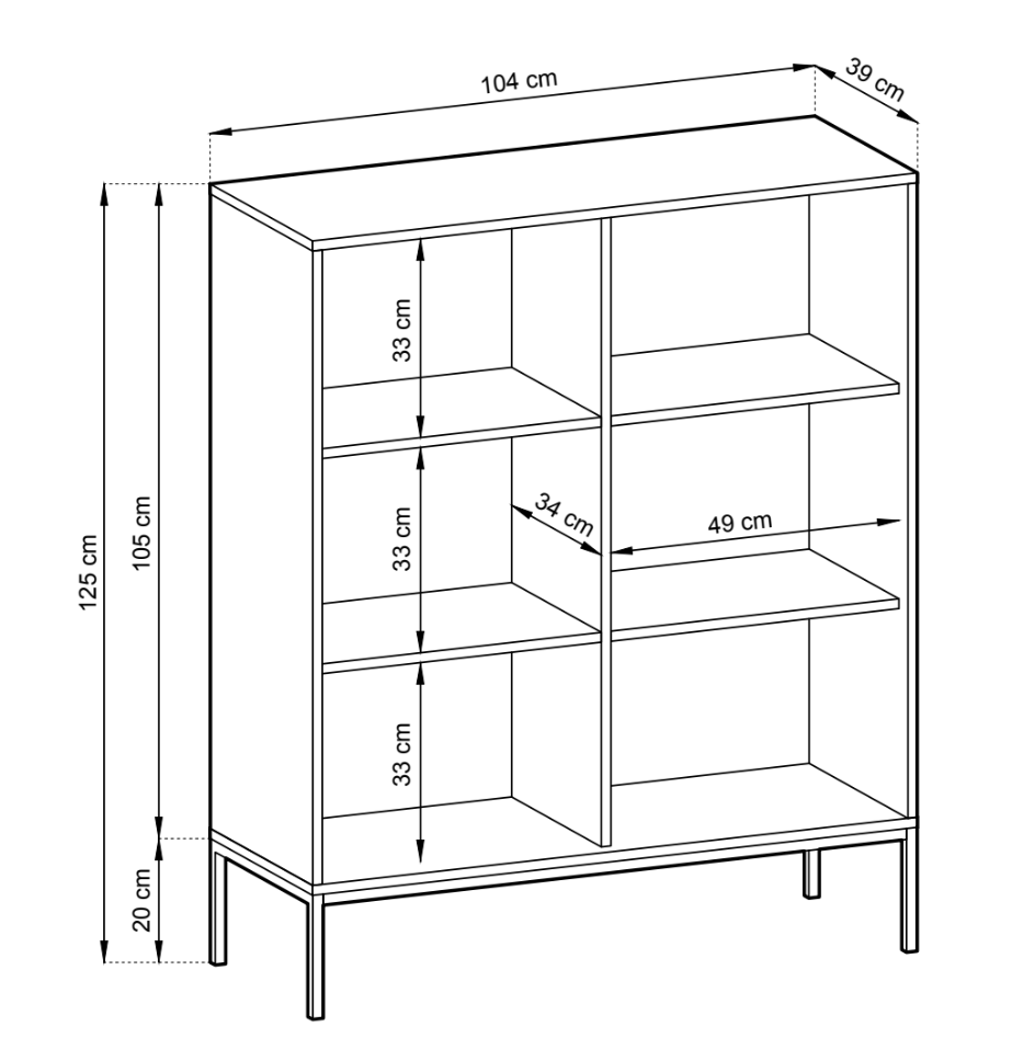 Rysunek wymiarowy - Komoda wysoka Vellore kaszmir z ryflowanymi frontami i złotym stelażem: szerokość 104 cm, głębokość 39 cm, wysokość 125 cm