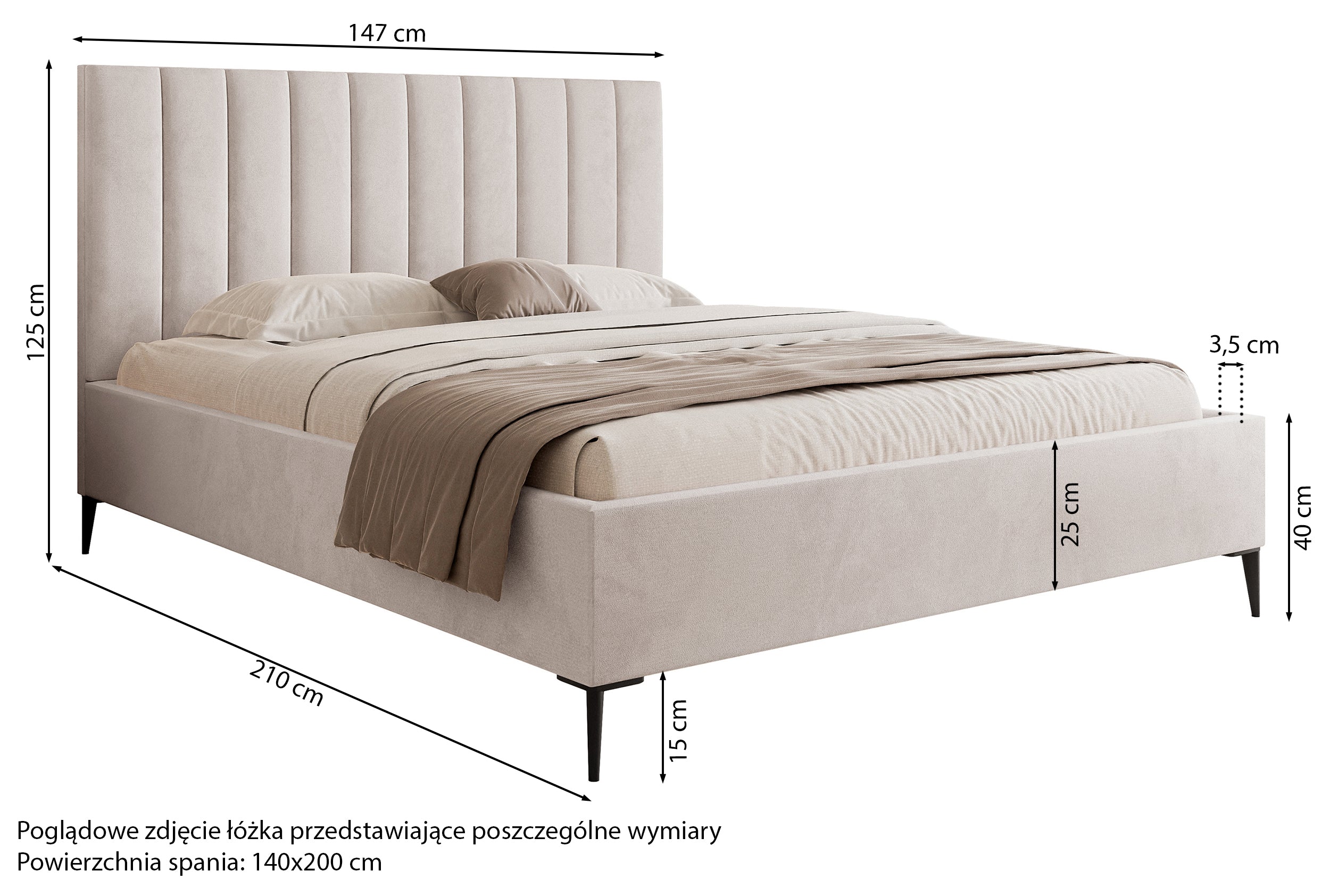 Łóżko tapicerowane 140x200 cm Veloro z pojemnikiem szarobeżowe welur stelaż metalowy na wysokich nóżkach