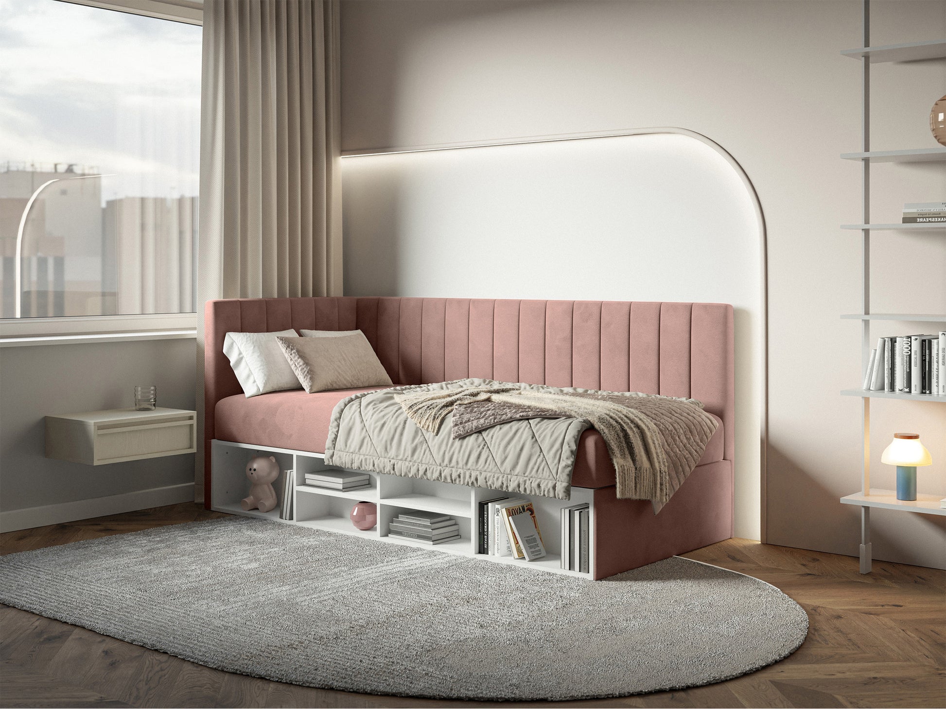 Łóżko młodzieżowe Ventrio lewostronne z pojemnikiem i półkami jasnoróżowe - z materacem