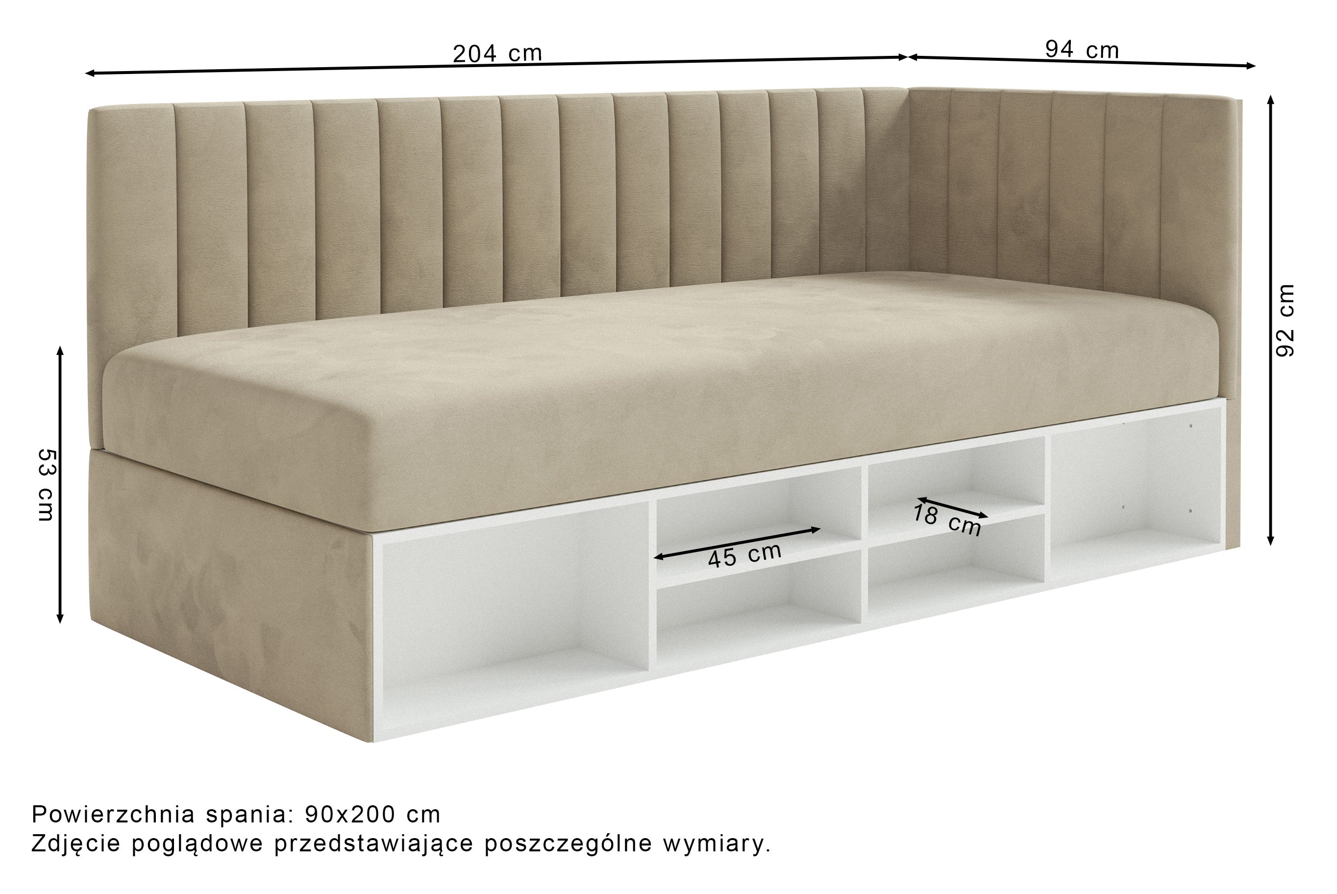 Rysunek wymiarowy - Łóżko młodzieżowe Ventrio lewostronne z pojemnikiem i półkami fioletowe: szerokość 94 cm, długość 204 cm, wysokość 92 cm