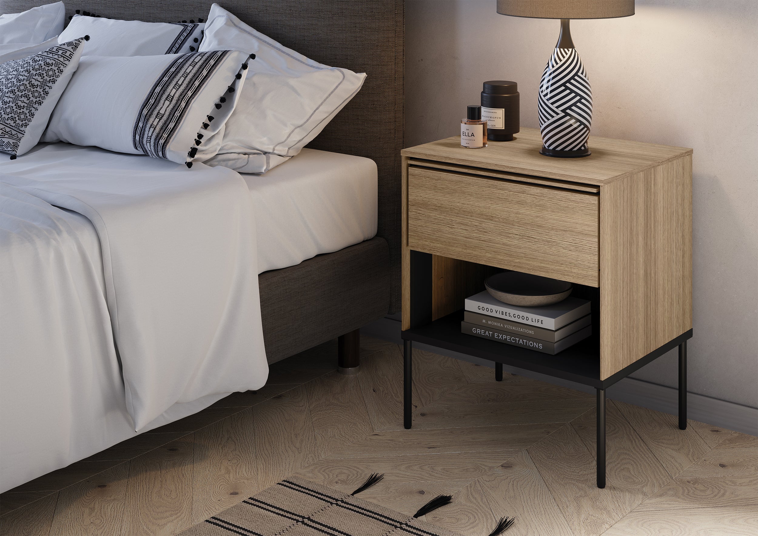 Szafka nocna Visso z szufladą 51 cm dąb linearny - materiał metal