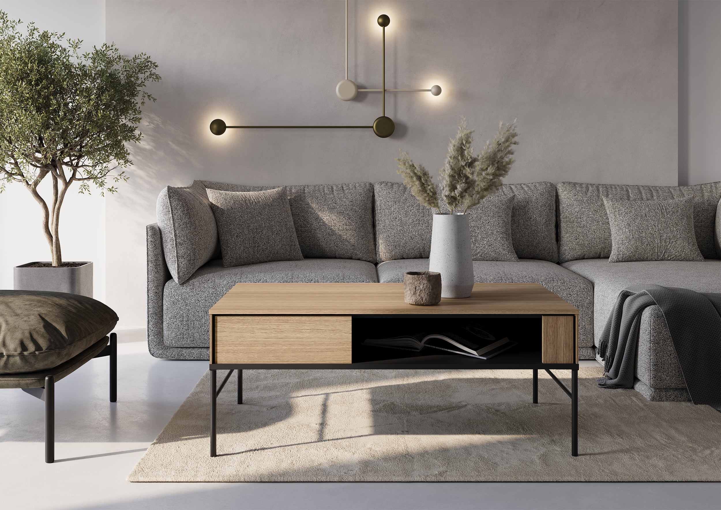 Stolik kawowy Visso z wnęką 110x60 cm dąb linearny - kształt prostokątny