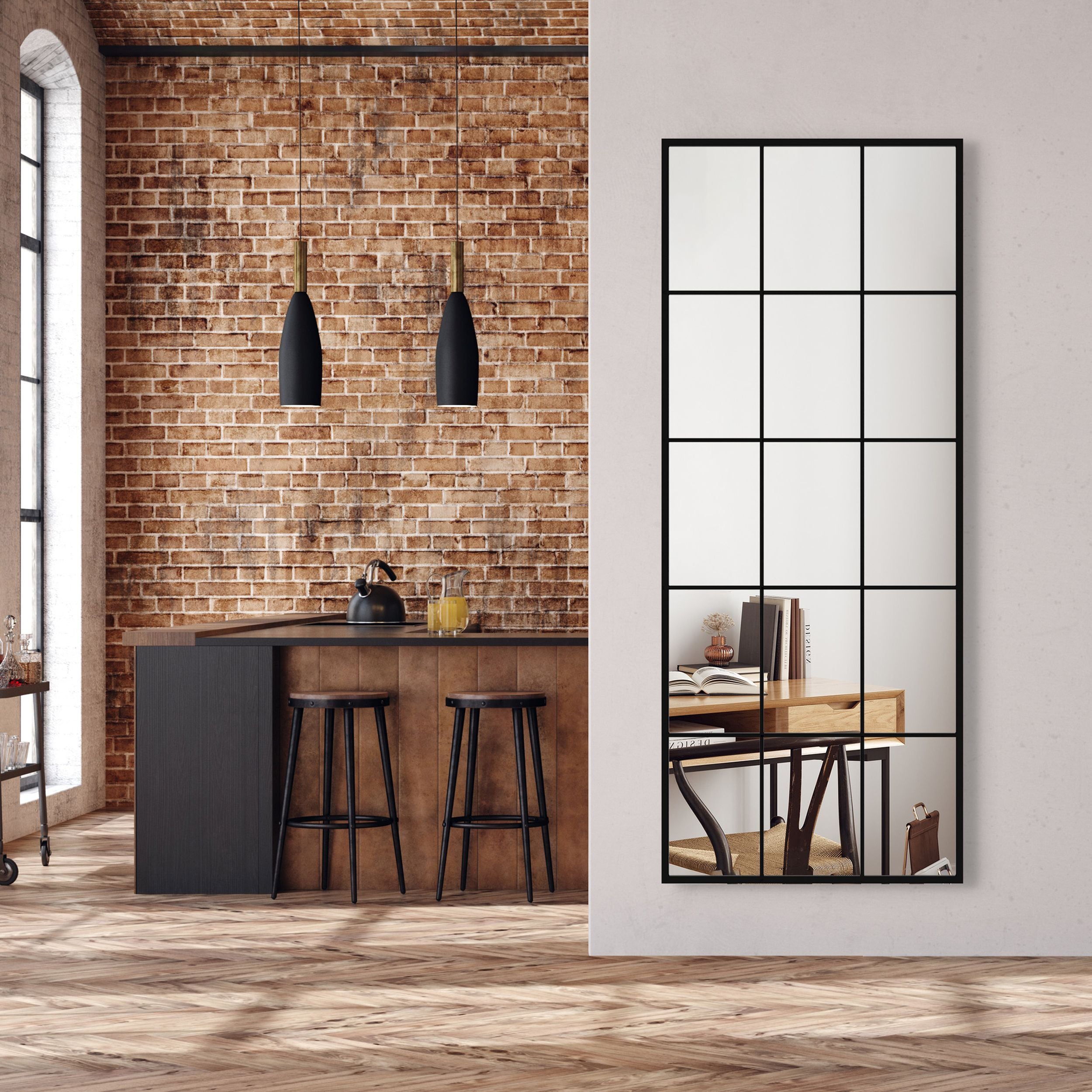 Lustro ścienne Villary 150x60 cm ze szprosami małe kwatery czarne
