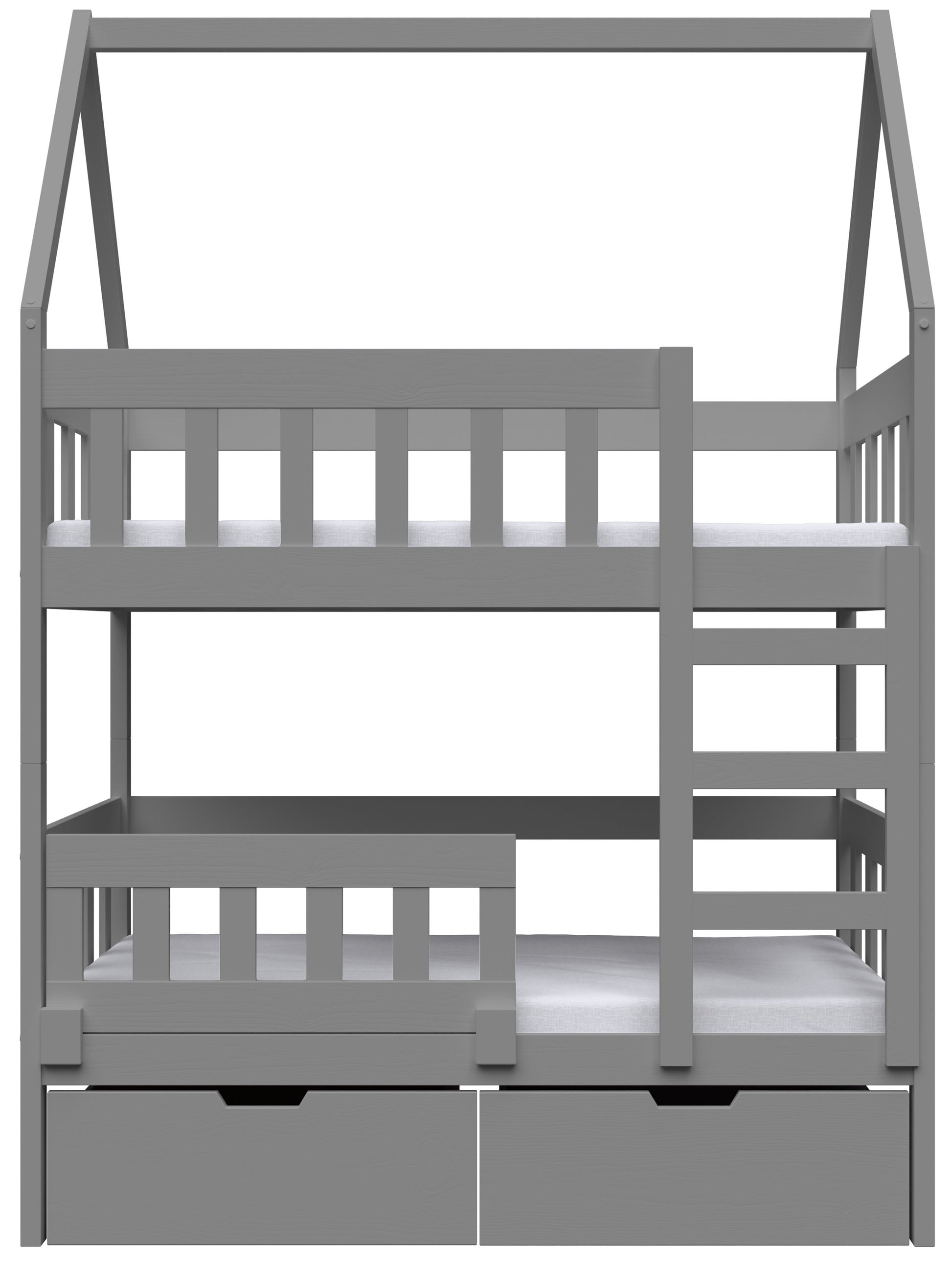 Łóżko piętrowe 75x180 cm Vistena dwuosobowe domek z materacami i szufladami szare - z pojemnikiem na pościel