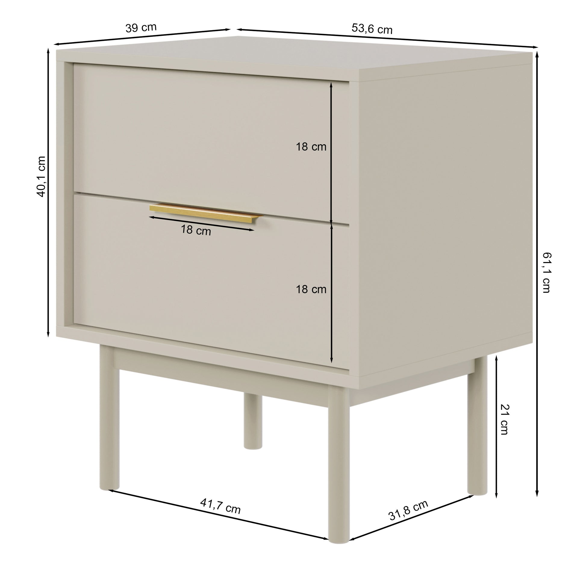 Rysunek wymiarowy - Szafka nocna Viviaro z dwiema szufladami 54 cm kaszmir: szerokość 54 cm, głębokość 39 cm, wysokość 61 cm