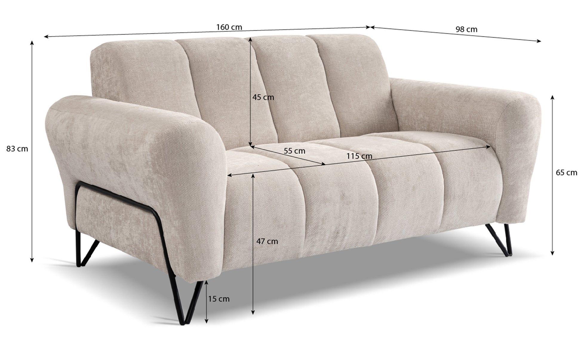 Rysunek wymiarowy - Sofa Volare dwuosobowa beżowa: szerokość 160 cm, głębokość 98 cm, wysokość 83 cm