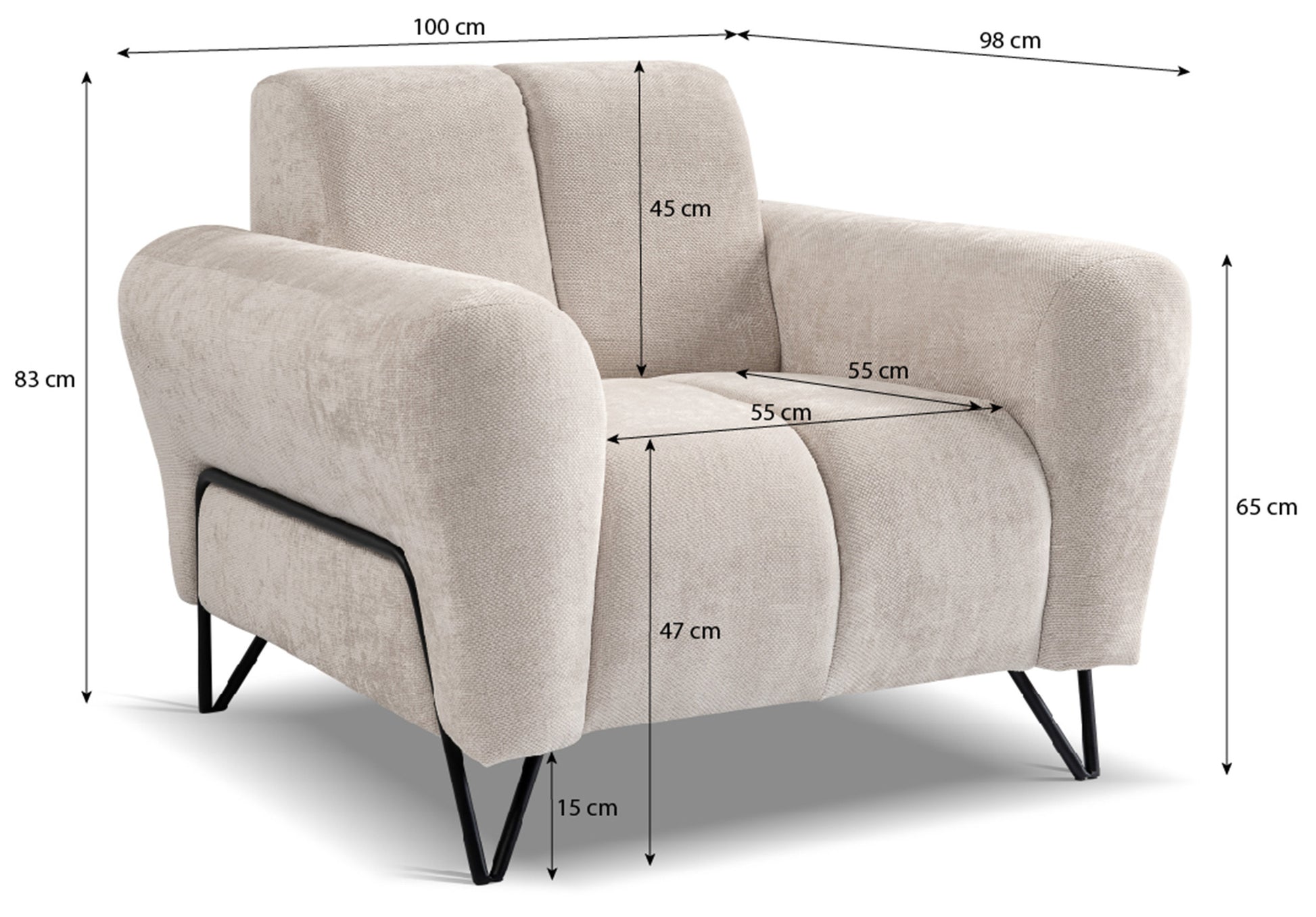 Rysunek wymiarowy - Fotel Volare szarobeżowy szenil łatwoczyszczący: szerokość 100 cm, głębokość 98 cm, wysokość 83 cm