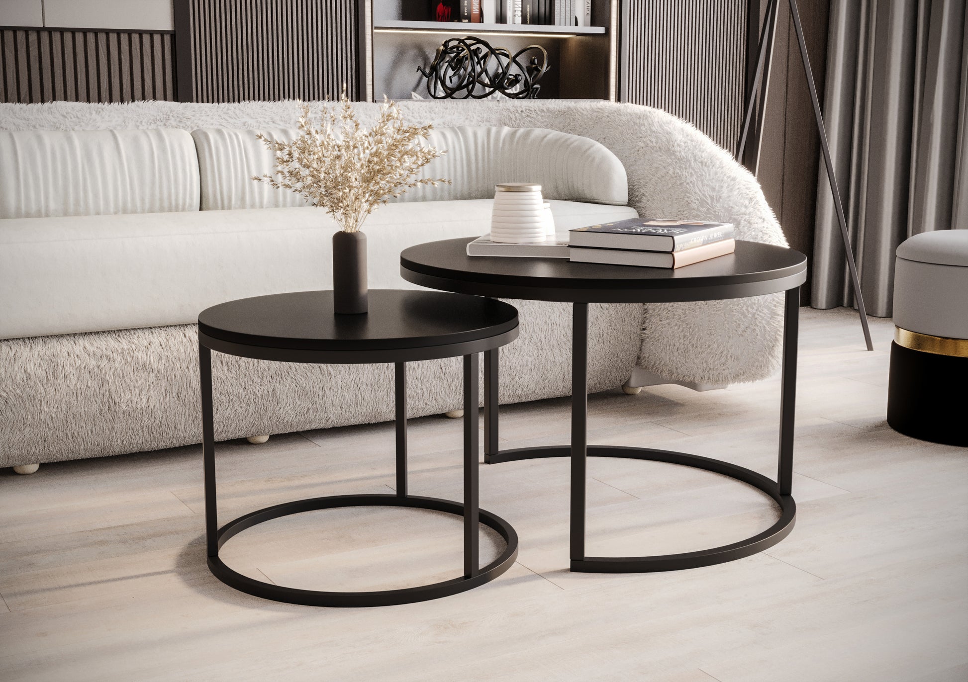 Zestaw dwóch stolików kawowych Sabello okrągłe 70 i 50 cm czarny mat - materiał metal