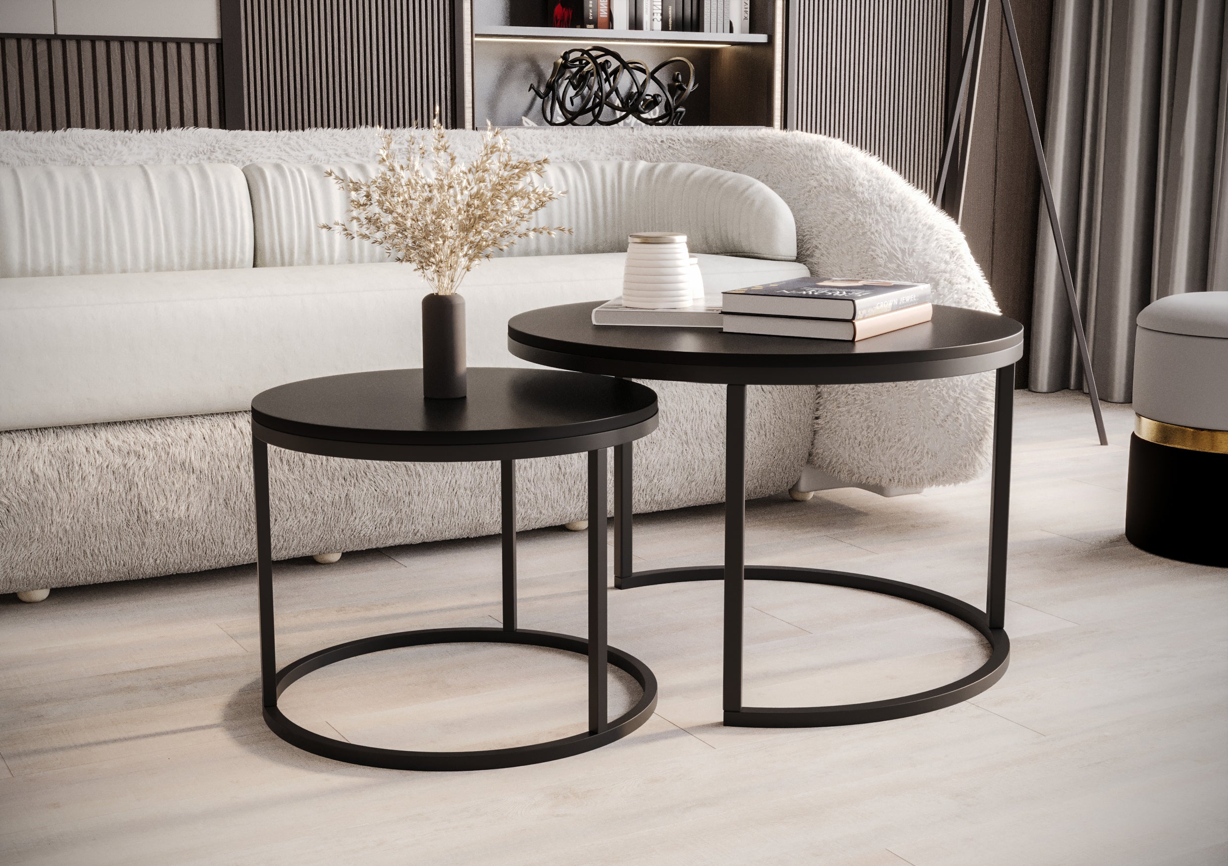 Zestaw dwóch stolików kawowych Sabello okrągłe 70 i 50 cm czarny mat - materiał metal