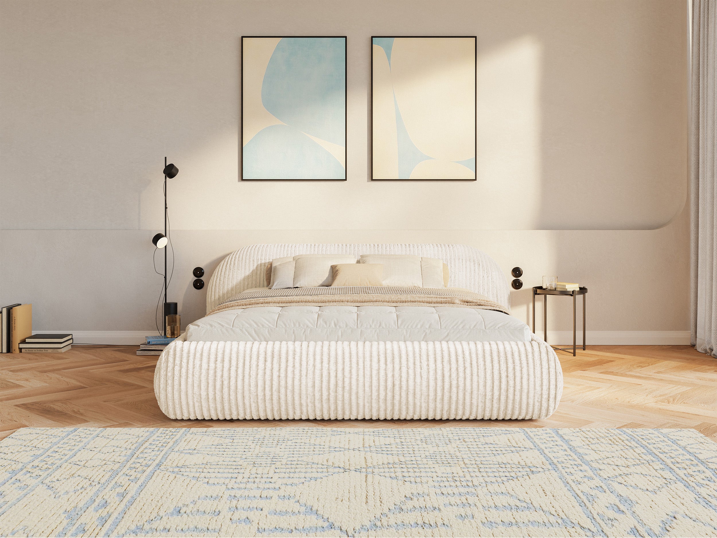 Łóżko tapicerowane 180x200 cm Shels Low z pojemnikiem stelaż metalowy kremowe gruby sztruks