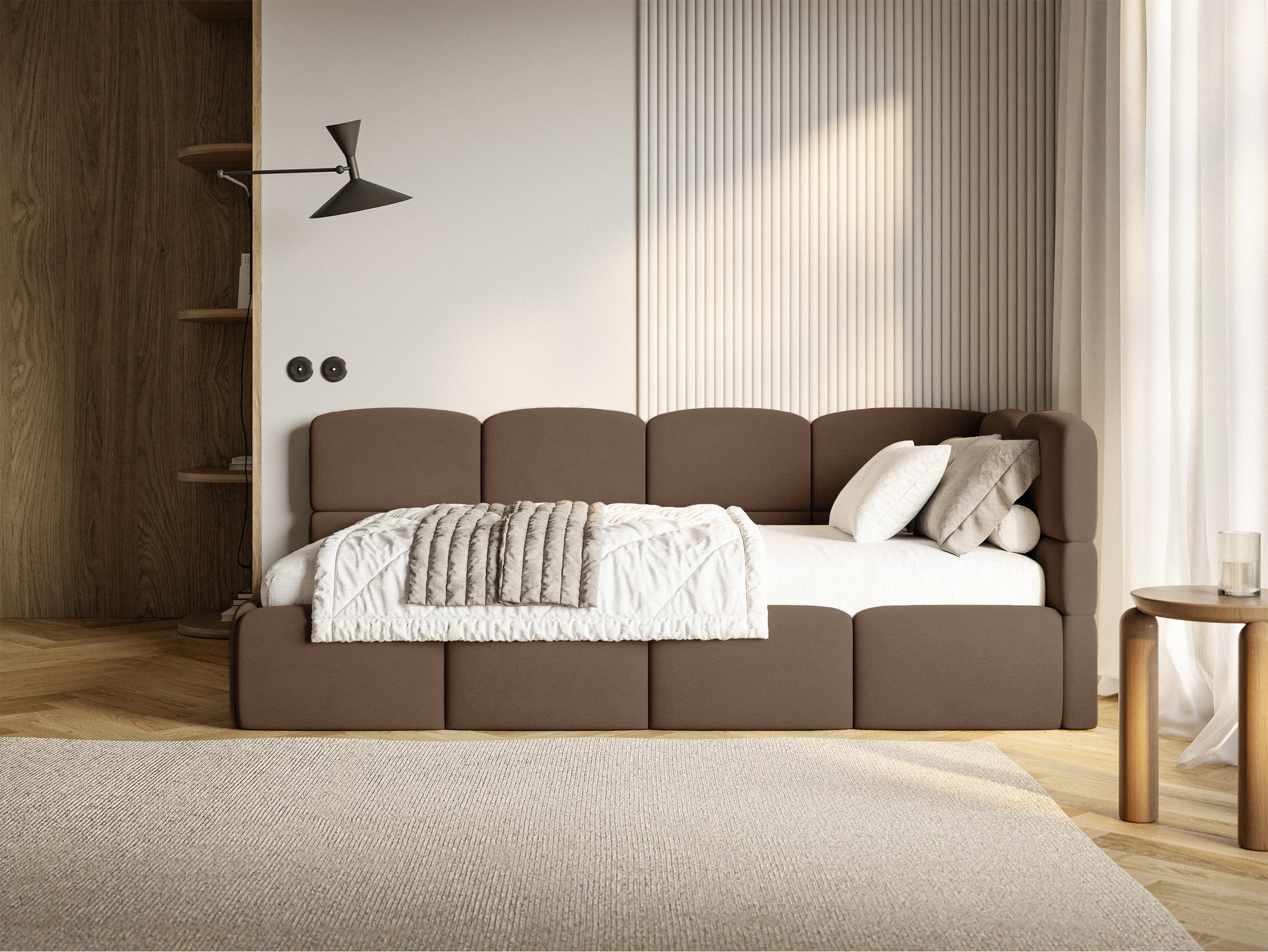 Łóżko młodzieżowe 120x200 cm Cloudy prawostronne z materacem i pojemnikiem brązowe welur hydrofobowy łatwoczyszczący w aranżacji pokoju młodzieżowego - rodzaj dwuosobowy