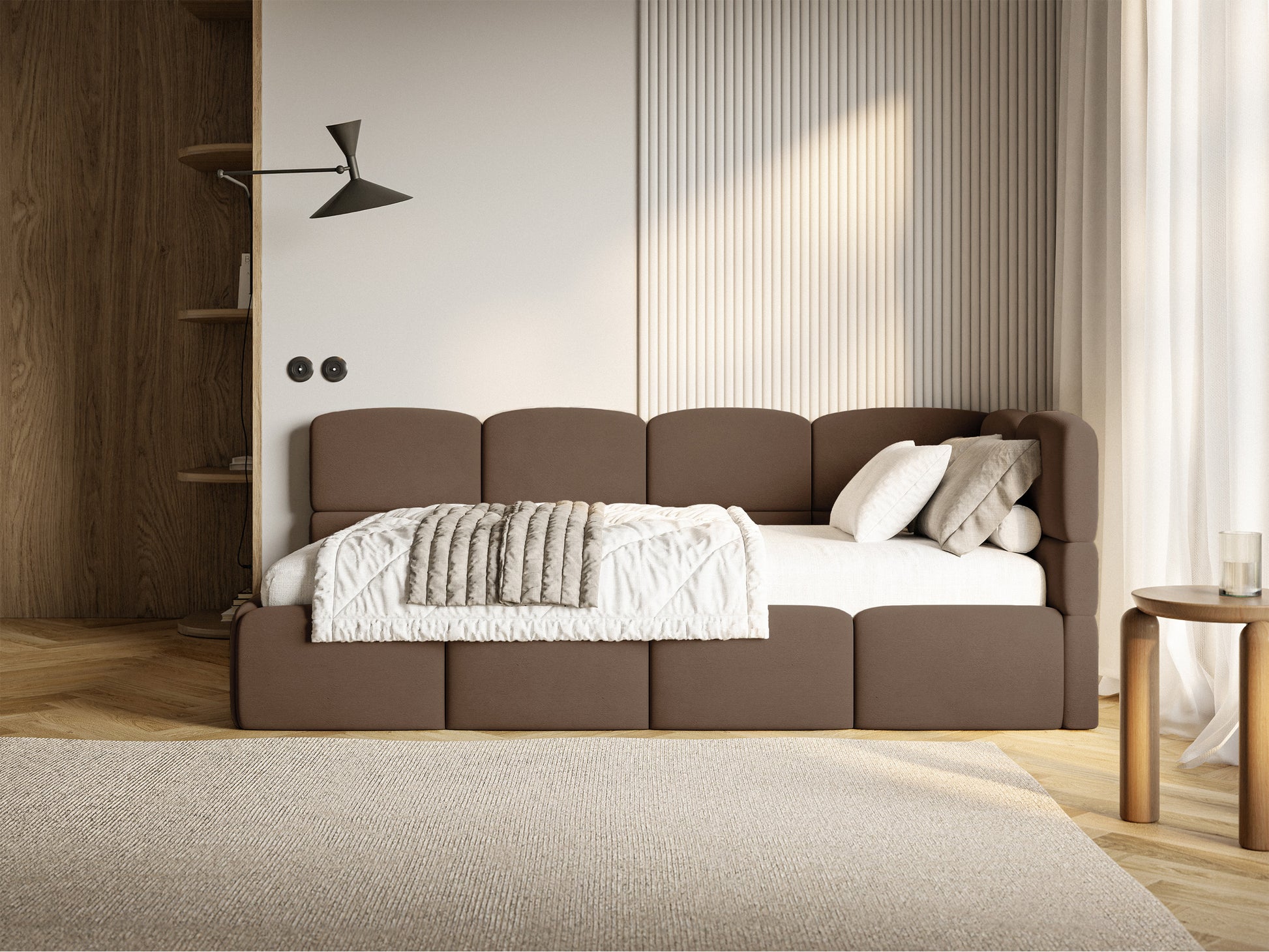 Łóżko młodzieżowe 120x200 cm Cloudy prawostronne z pojemnikiem i barierkami brązowe welur hydrofobowy łatwoczyszczący w aranżacji pokoju młodzieżowego - materiał drewno