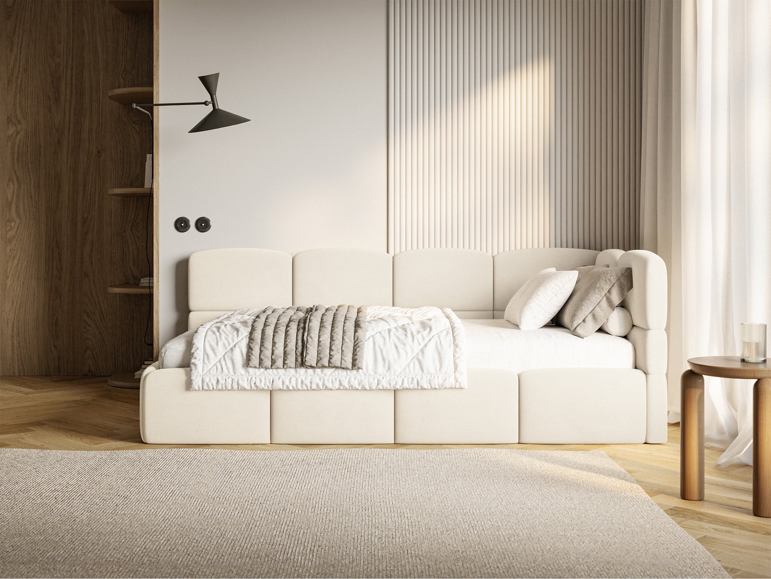 Łóżko młodzieżowe 90x200 cm Cloudy prawostronne z pojemnikiem i barierkami kremowe welur hydrofobowy łatwoczyszczący w aranżacji pokoju młodzieżowego - podnośnik gazowy