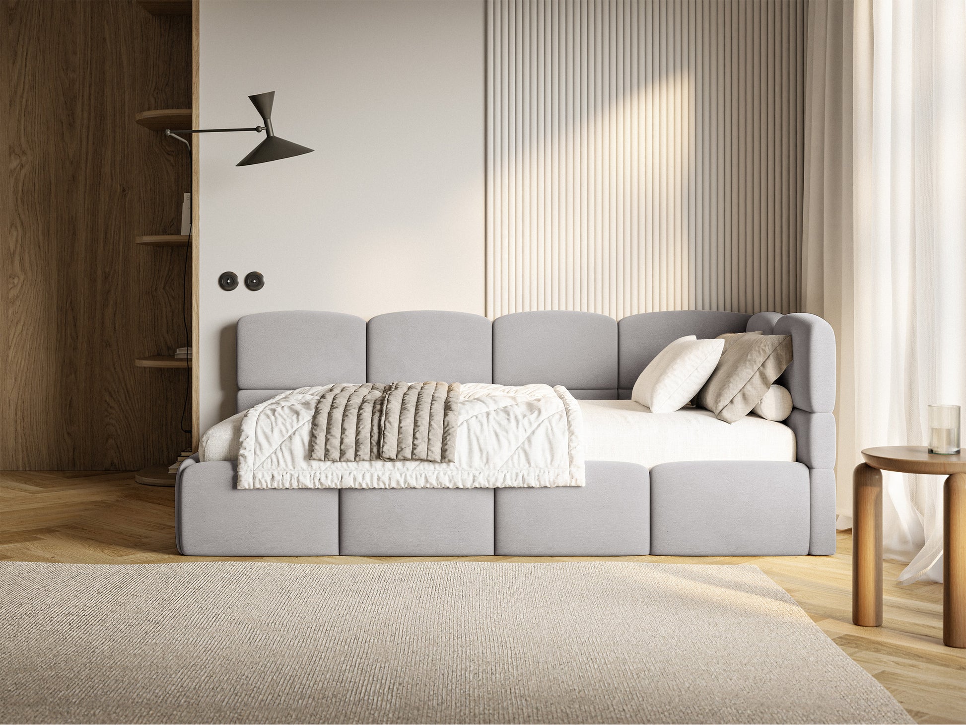 Łóżko młodzieżowe 120x200 cm Cloudy prawostronne z materacem i pojemnikiem jasnoszare welur hydrofobowy łatwoczyszczący w aranżacji pokoju młodzieżowego - rodzaj dwuosobowy