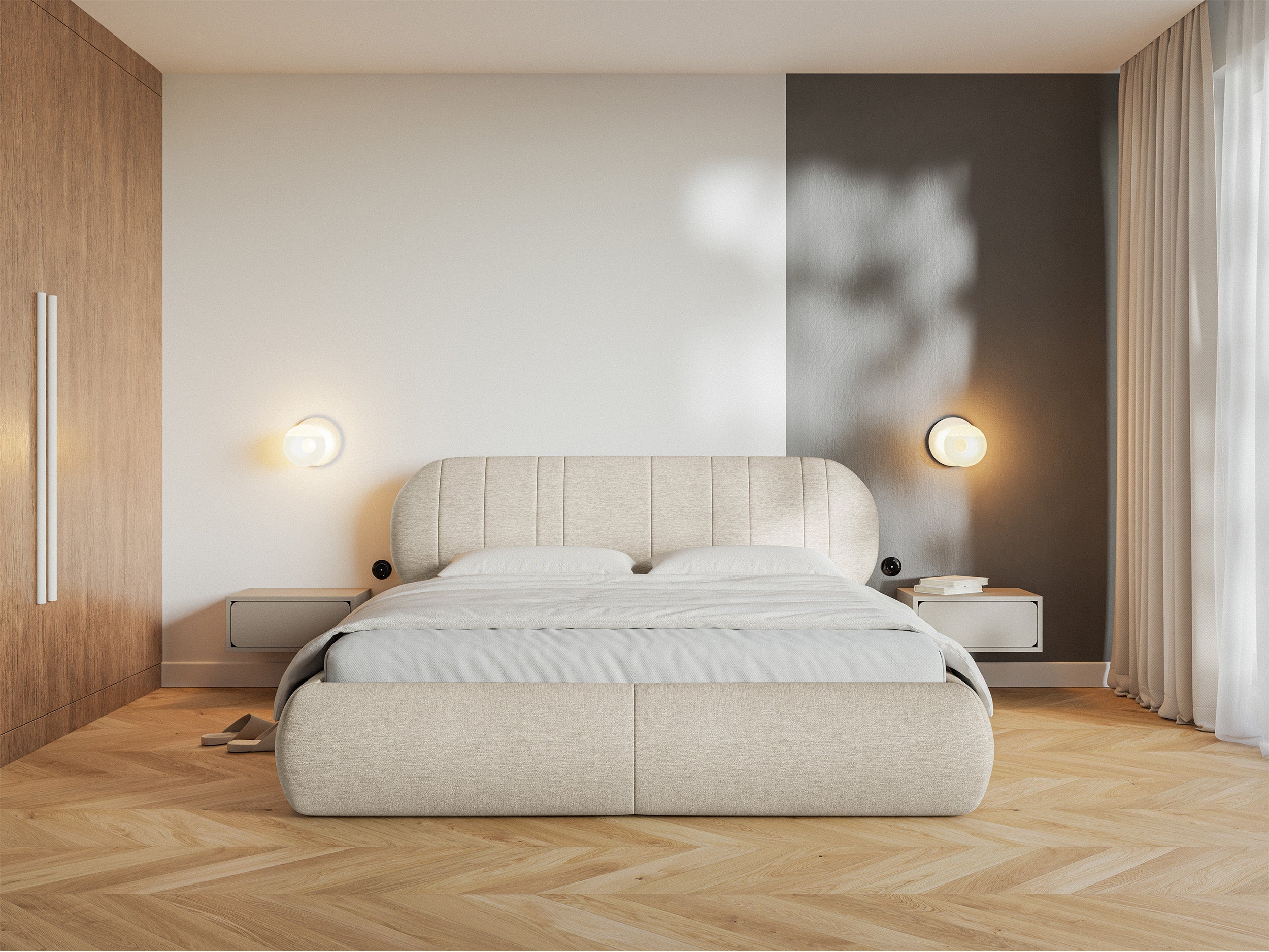 Łóżko tapicerowane 160x200 cm Asmelio z pojemnikiem stelaż metalowy beżowe plecionka