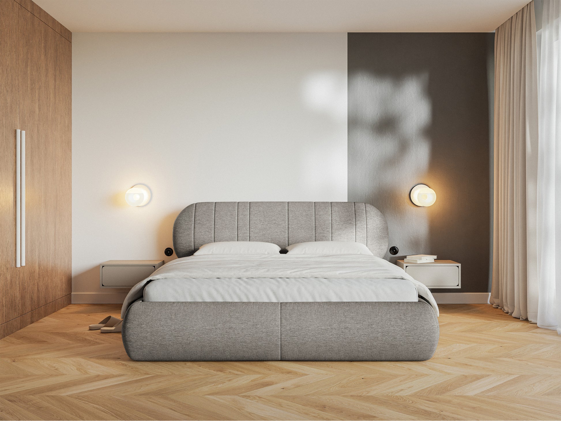 Łóżko tapicerowane Asmelio 140x200 cm z pojemnikiem stelaż metalowy szarobeżowe w aranżacji sypialni - rodzaj dwuosobowy