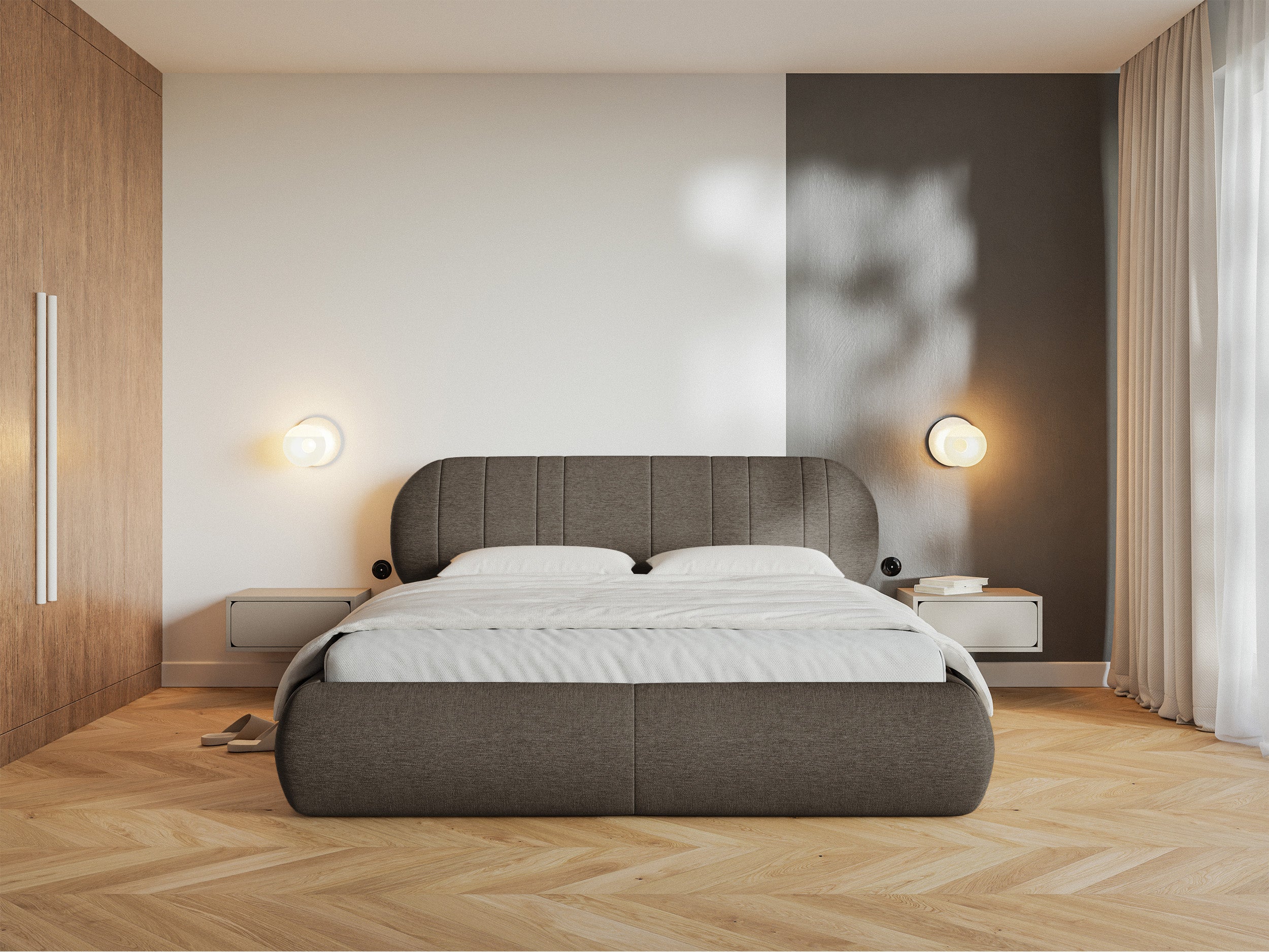 Łóżko tapicerowane 140x200 cm Asmelio z pojemnikiem stelaż metalowy brązowe plecionka