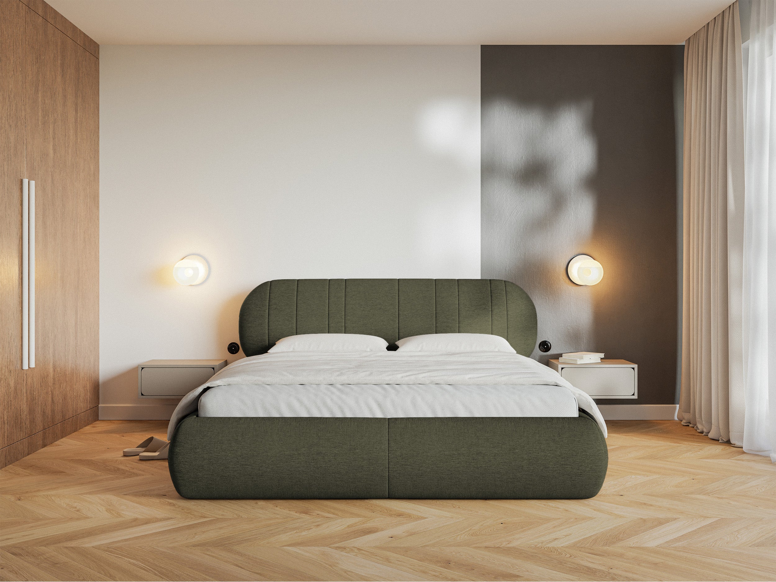 Łóżko tapicerowane 160x200 cm Asmelio z pojemnikiem stelaż metalowy khaki plecionka