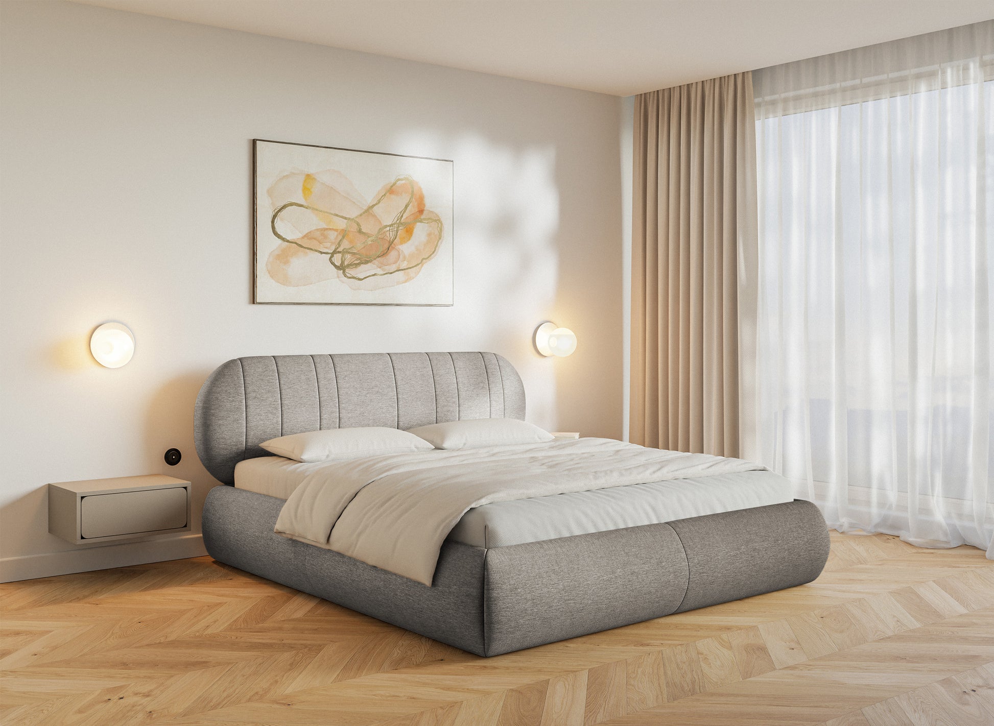 Łóżko tapicerowane Asmelio 140x200 cm z pojemnikiem stelaż metalowy szarobeżowe w aranżacji sypialni
