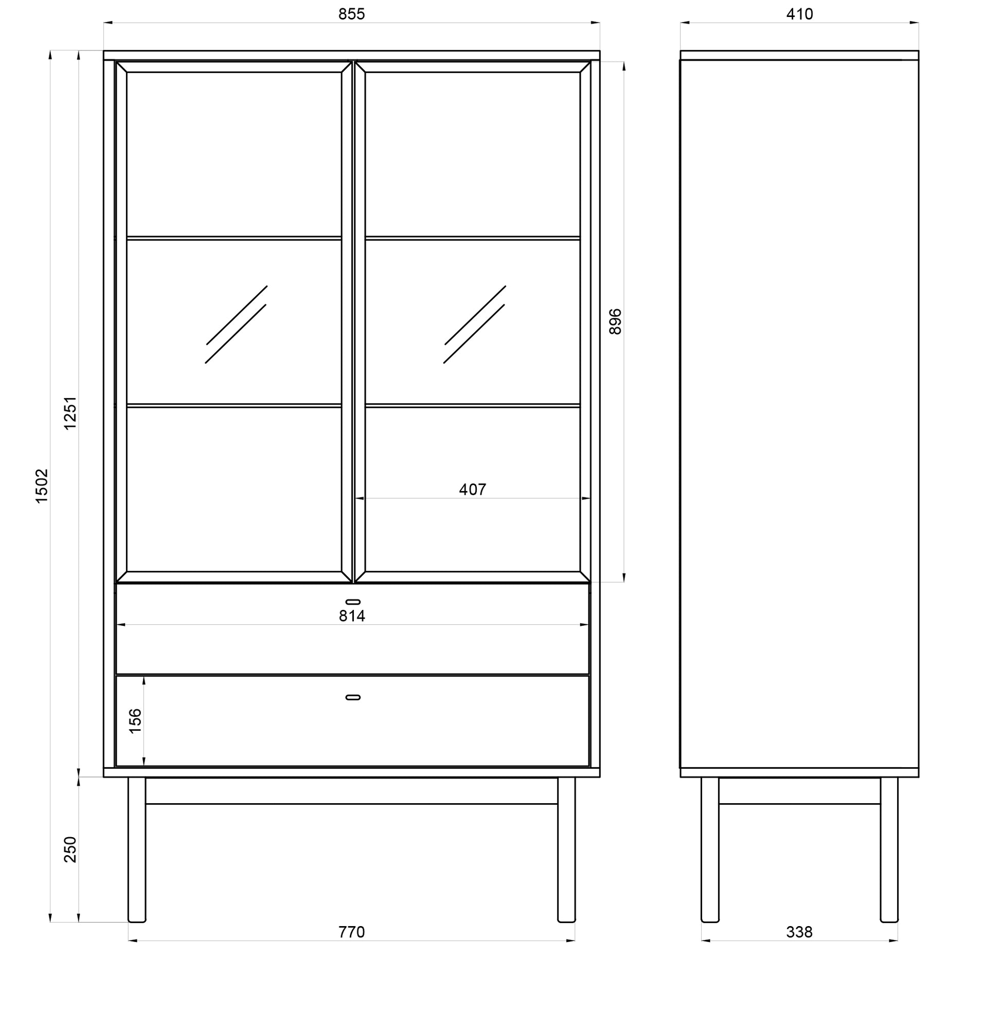 Witryna niska Olar 85 cm z trzema półkami i dwiema szufladami Jesion Portland czarny - szerokość 85 cm