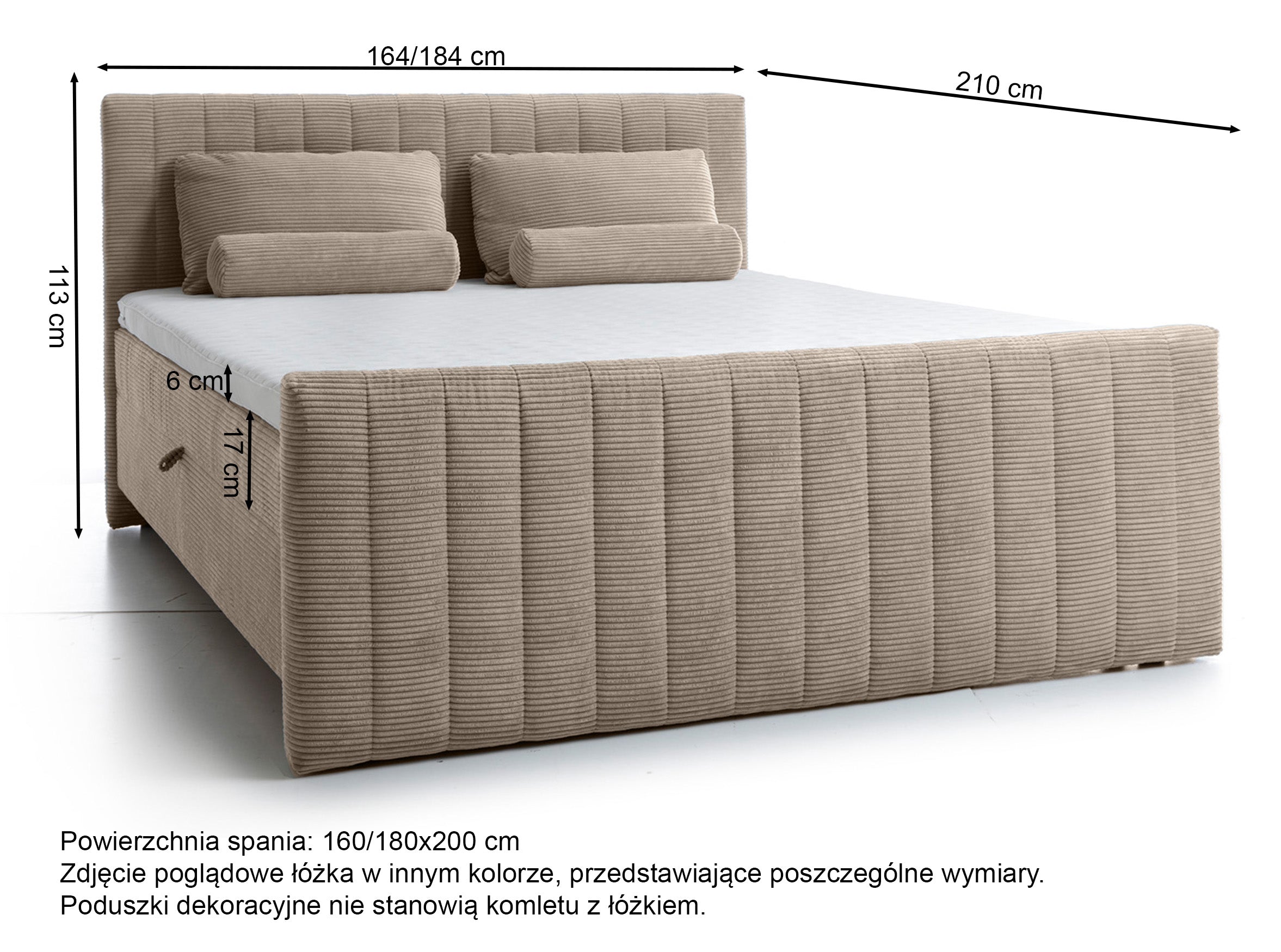Rysunek wymiarowy - Łóżko kontynentalne Lullabino 180x200 cm z pojemnikami i topperem szarobeżowe: szerokość 184 cm, długość 210 cm, wysokość 113 cm