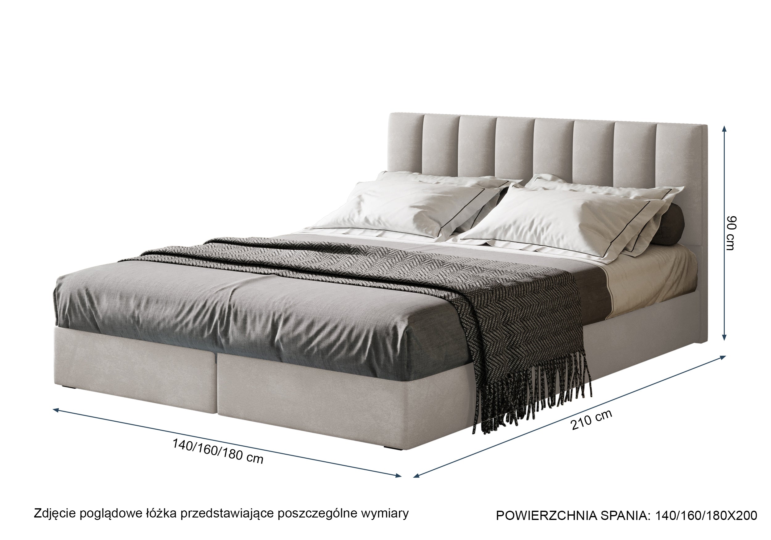 Rysunek wymiarowy - Łóżko kontynentalne Dorsetto 160x200 cm z pojemnikami i materacem bonellowym kremowe: szerokość 160 cm, długość 210 cm, wysokość 90 cm