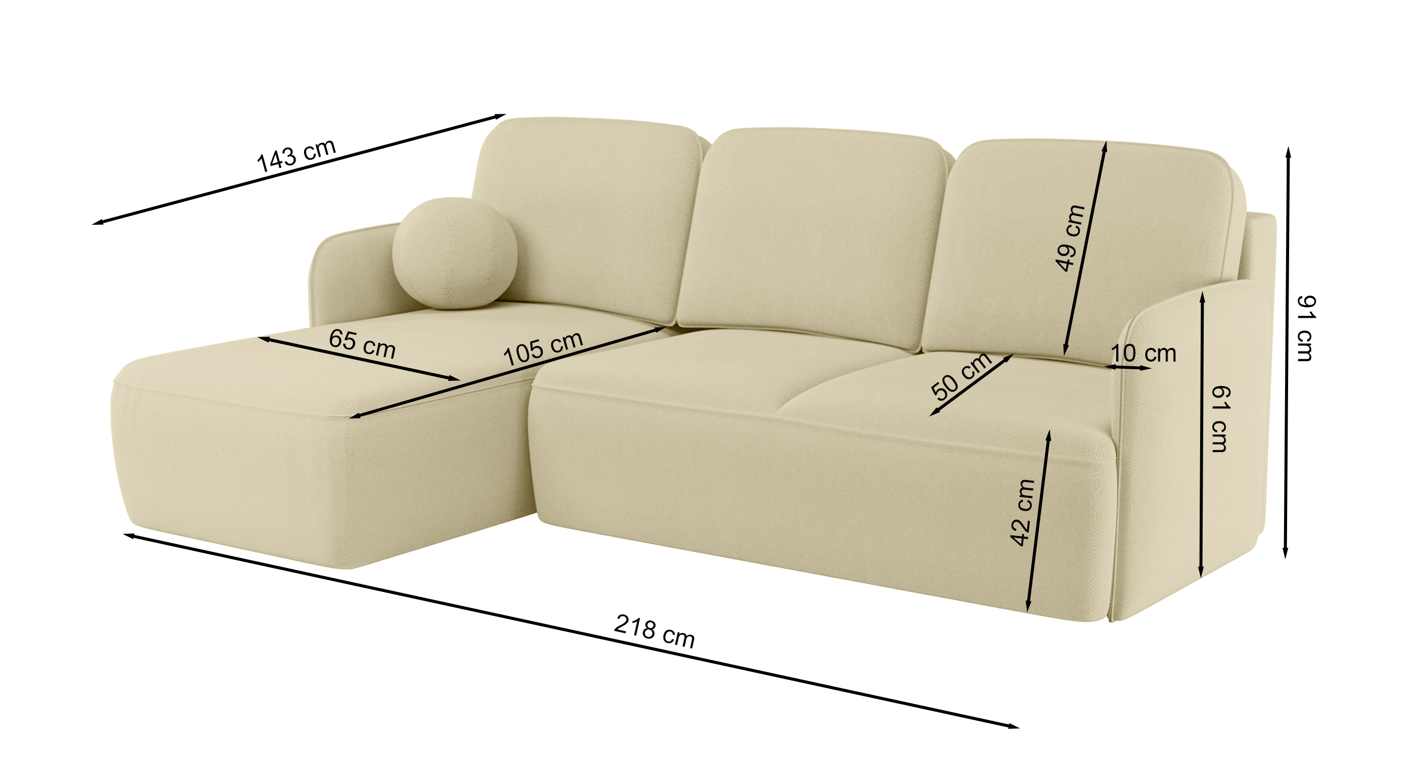 Rysunek wymiarowy - Narożnik Fabeloo beżowy: szerokość 218 cm, głębokość 143 cm, wysokość 91 cm