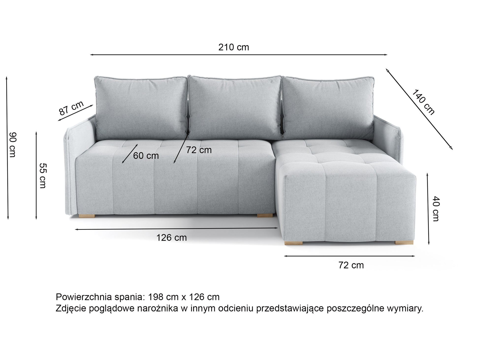 Rysunek wymiarowy - Narożnik Grenada beżowy plecionka lewostronny: szerokość 210 cm, głębokość 140 cm, wysokość 90 cm
