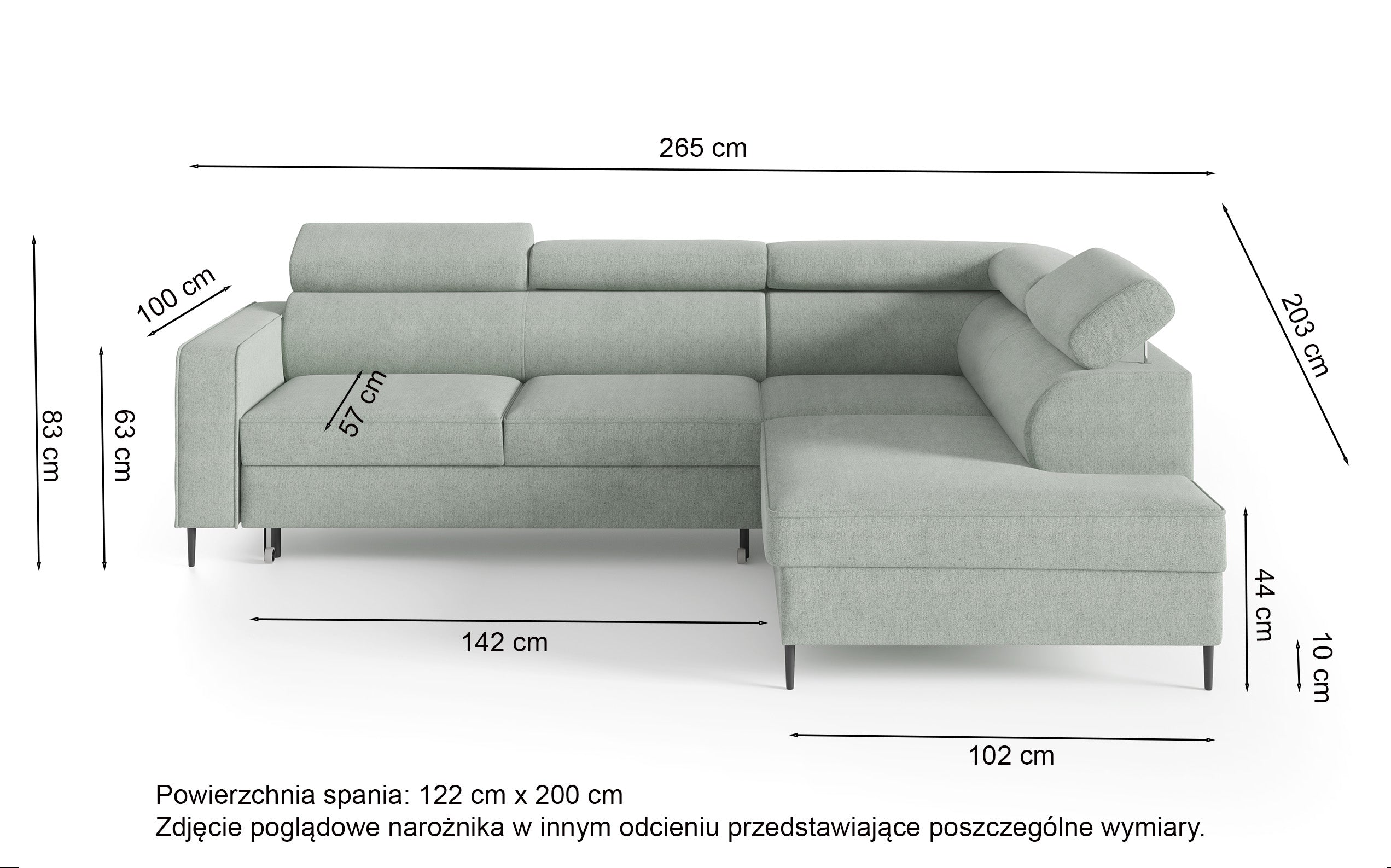 Rysunek wymiarowy - Narożnik Vero grafitowy plecionka lewostronny: szerokość 265 cm, głębokość 203 cm, wysokość 83 cm