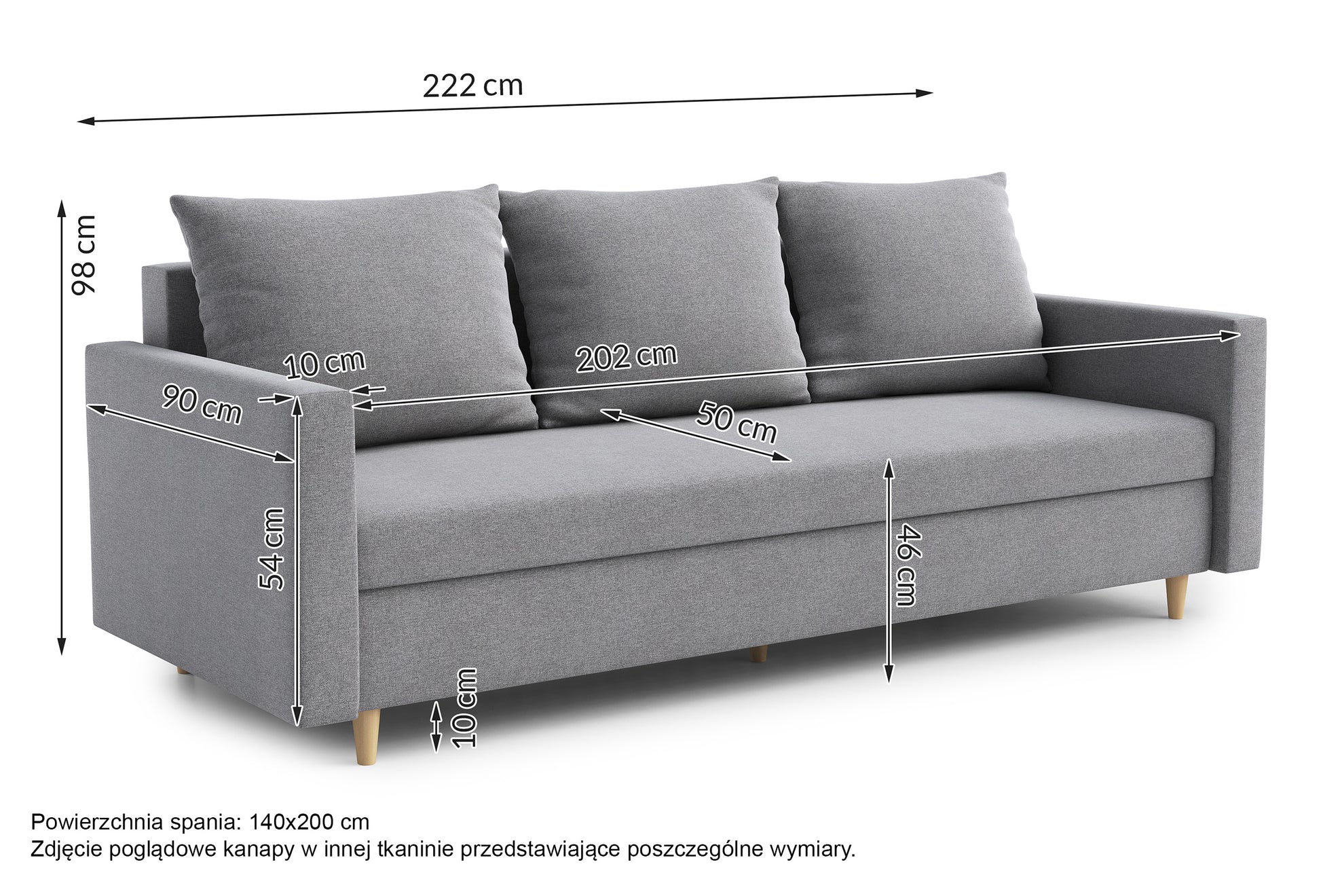 Rysunek wymiarowy - Kanapa rozkładana Calluto beżowa: szerokość 222 cm, głębokość 90 cm, wysokość 98 cm