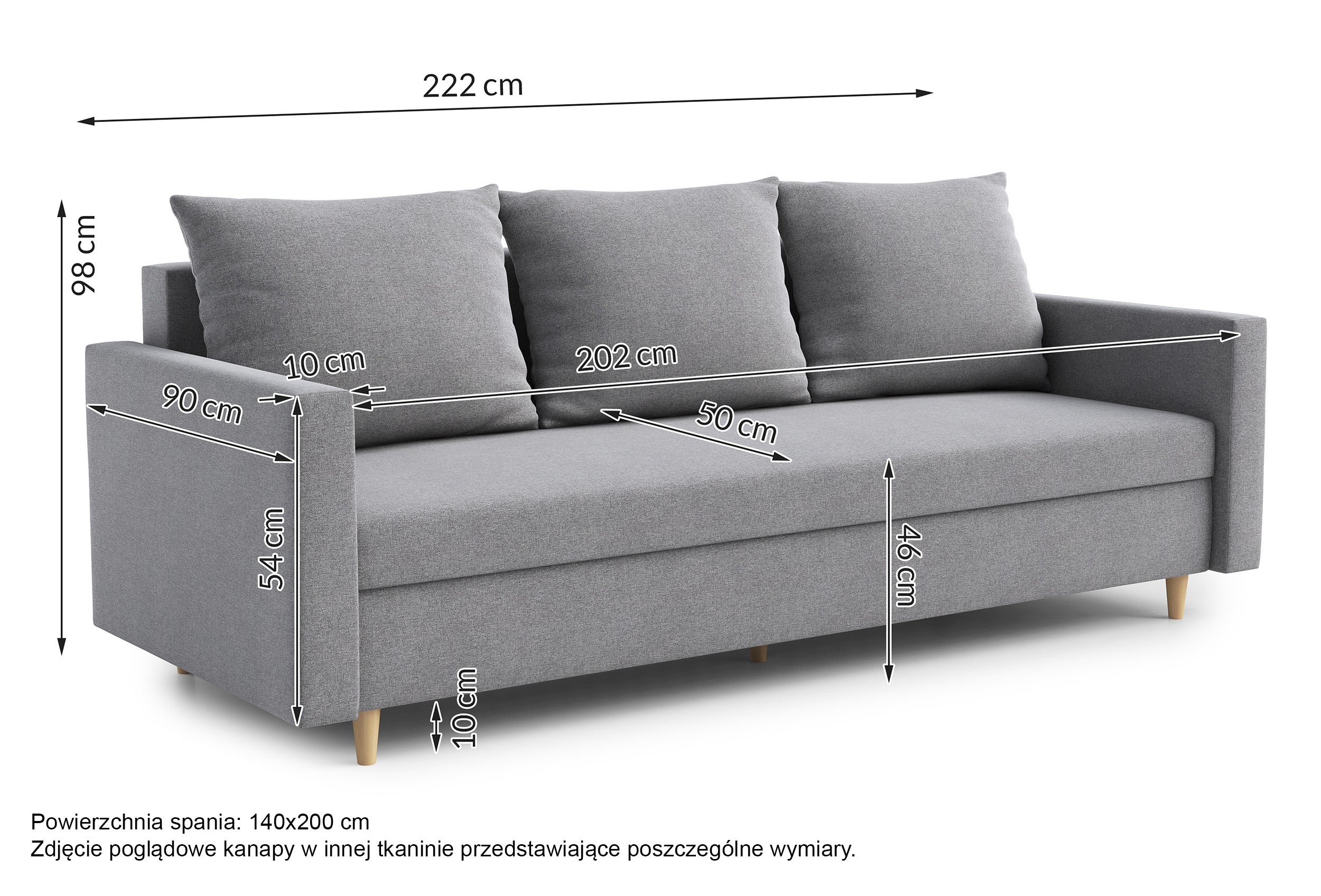 Rysunek wymiarowy - Kanapa rozkładana Calluto różowa welur: szerokość 222 cm, głębokość 90 cm, wysokość 98 cm