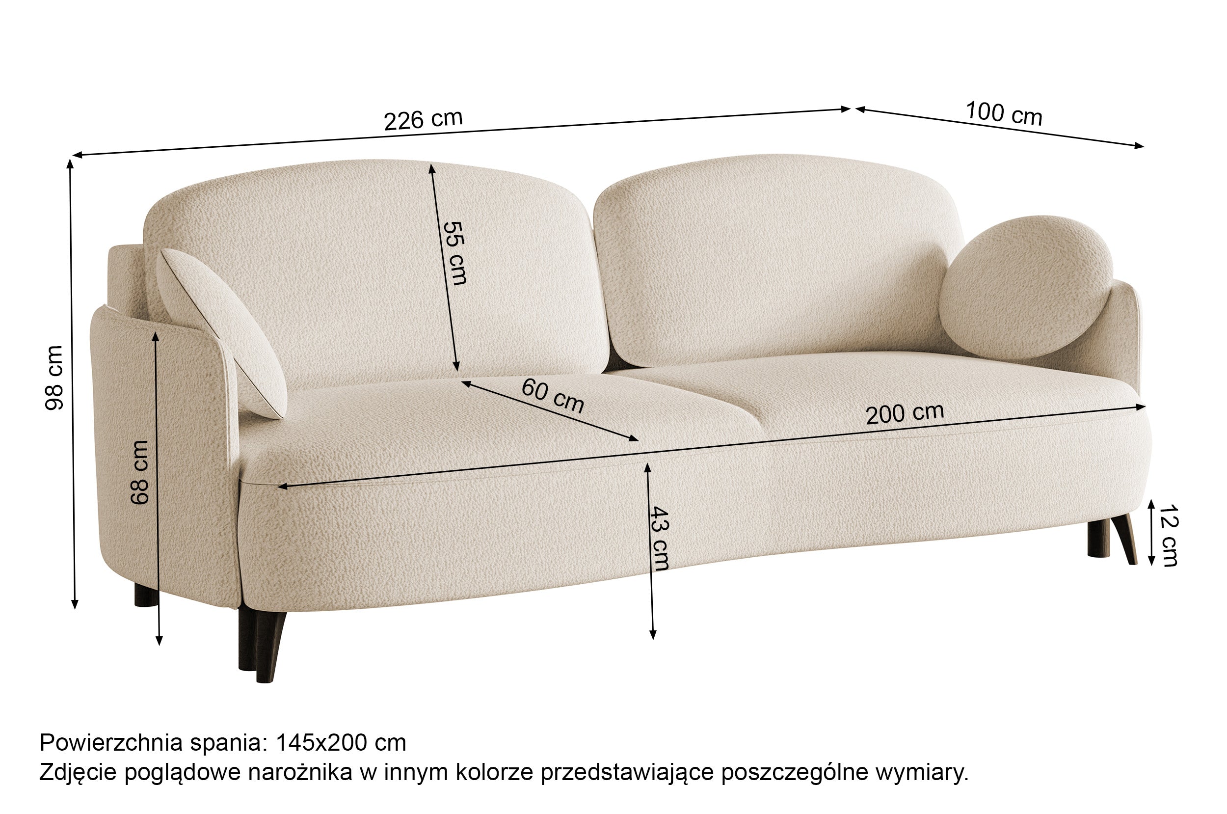 Rysunek wymiarowy - Kanapa rozkładana Raviolo jasnoszara boucle: szerokość 226 cm, głębokość 100 cm, wysokość 98 cm