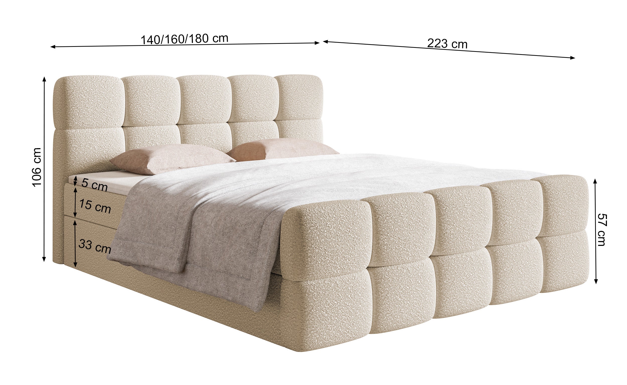 Rysunek wymiarowy - Łóżko kontynentalne 160x200 cm Cloudy z pojemnikami i topperem jasnobeżowe boucle: szerokość 160 cm, długość 223 cm, wysokość 106 cm