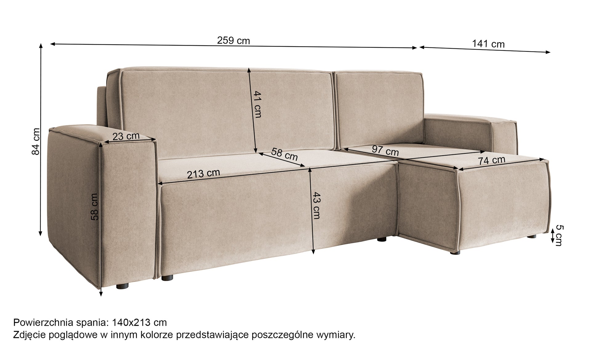 Rysunek wymiarowy - Narożnik Copertino L-kształtny z pojemnikiem uniwersalny szary: szerokość 259 cm, głębokość 141 cm, wysokość 84 cm