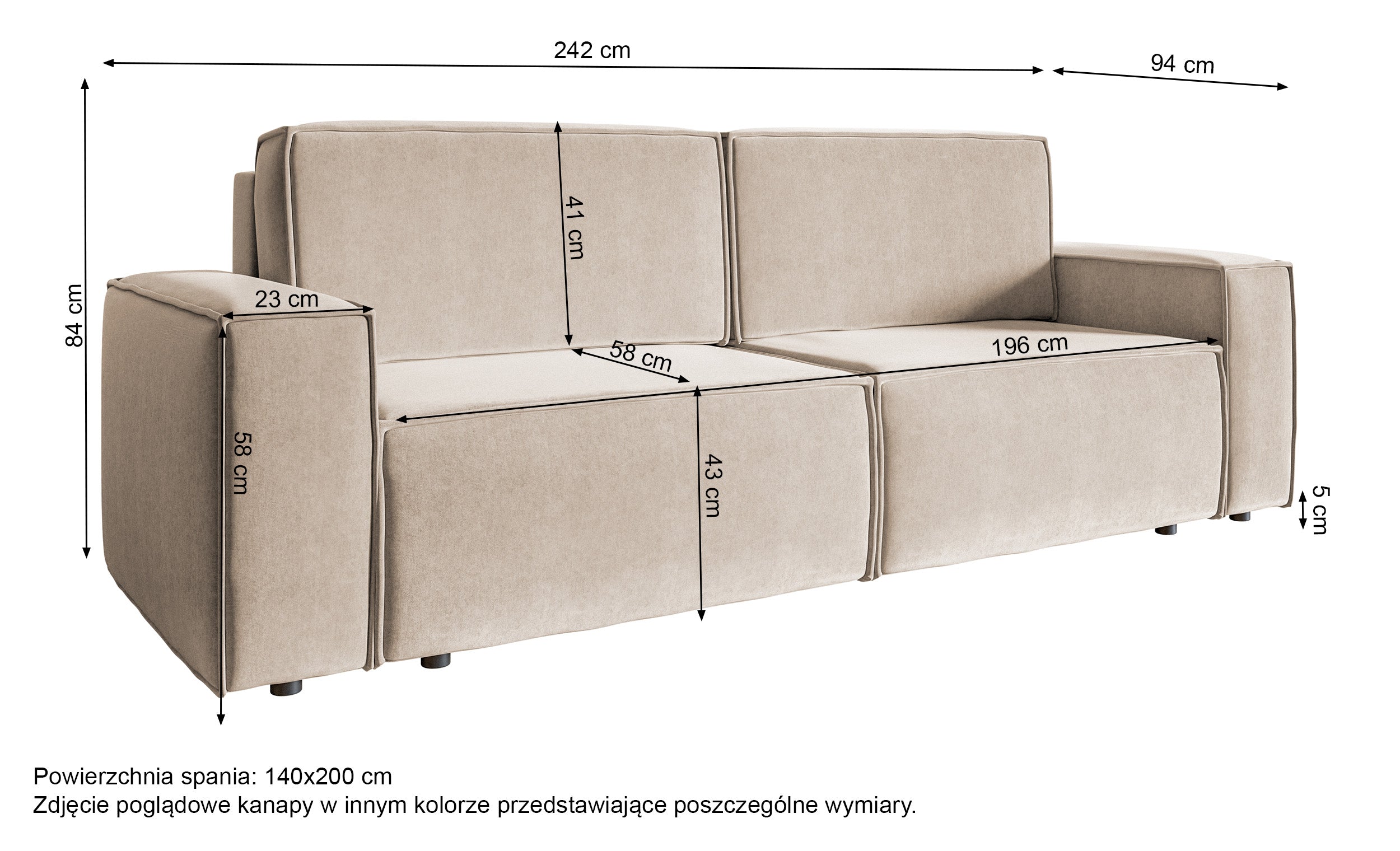 Rysunek wymiarowy - Kanapa rozkładana Copertino miedziana welur hydrofobowy: szerokość 242 cm, głębokość 94 cm, wysokość 84 cm