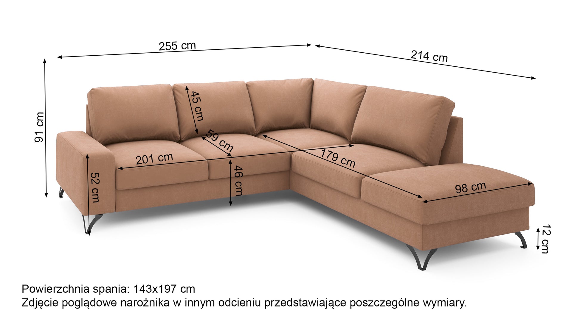 Rysunek wymiarowy - Narożnik Bewello z boczkiem i pojemnikiem szarobeżowy welur łatwoczyszczący hydrofobowy prawostronny: szerokość 255 cm, głębokość 214 cm, wysokość 91 cm