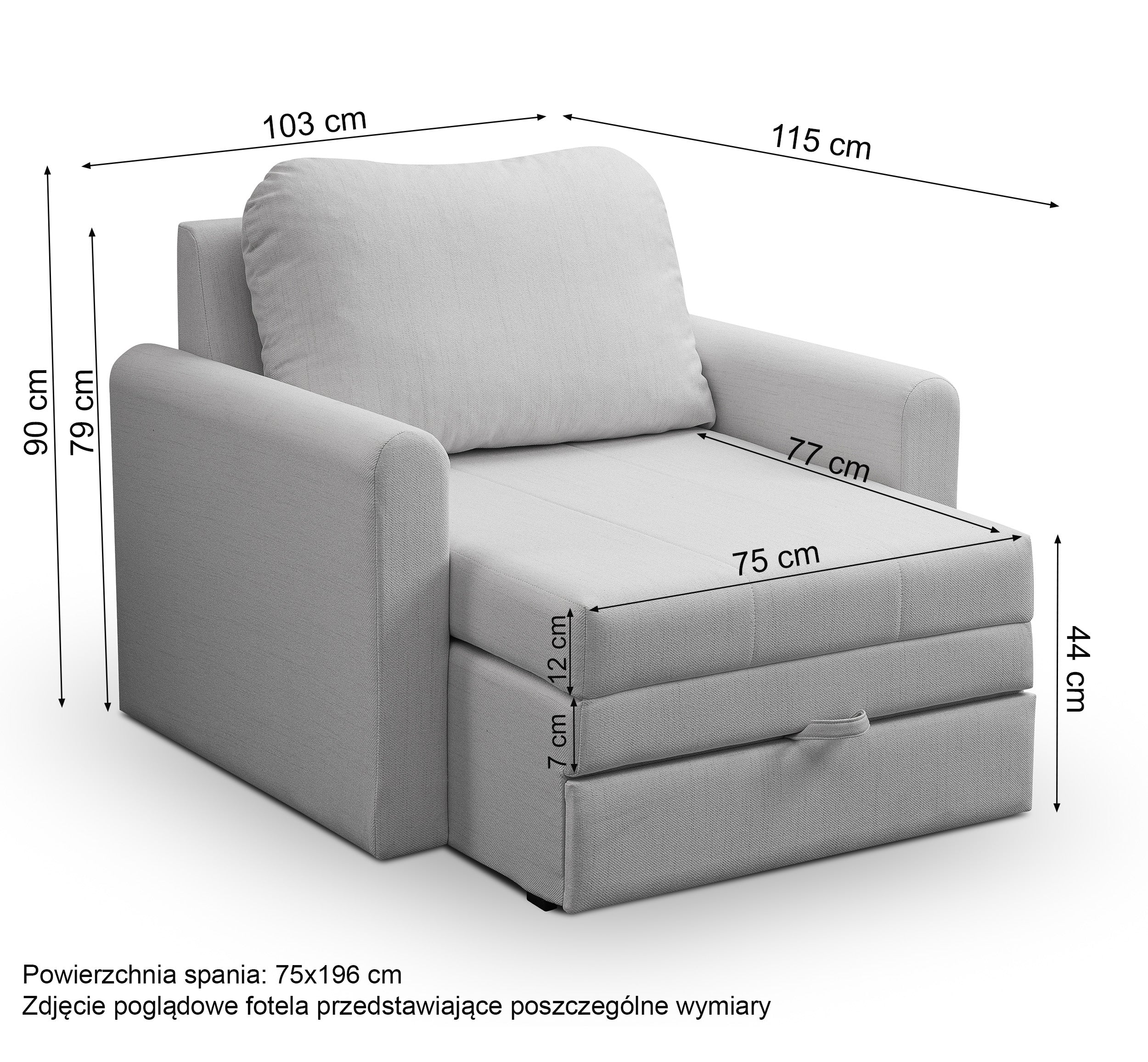 Rysunek wymiarowy - Fotel Dejano granatowy: szerokość 103 cm, głębokość 115 cm, wysokość 90 cm